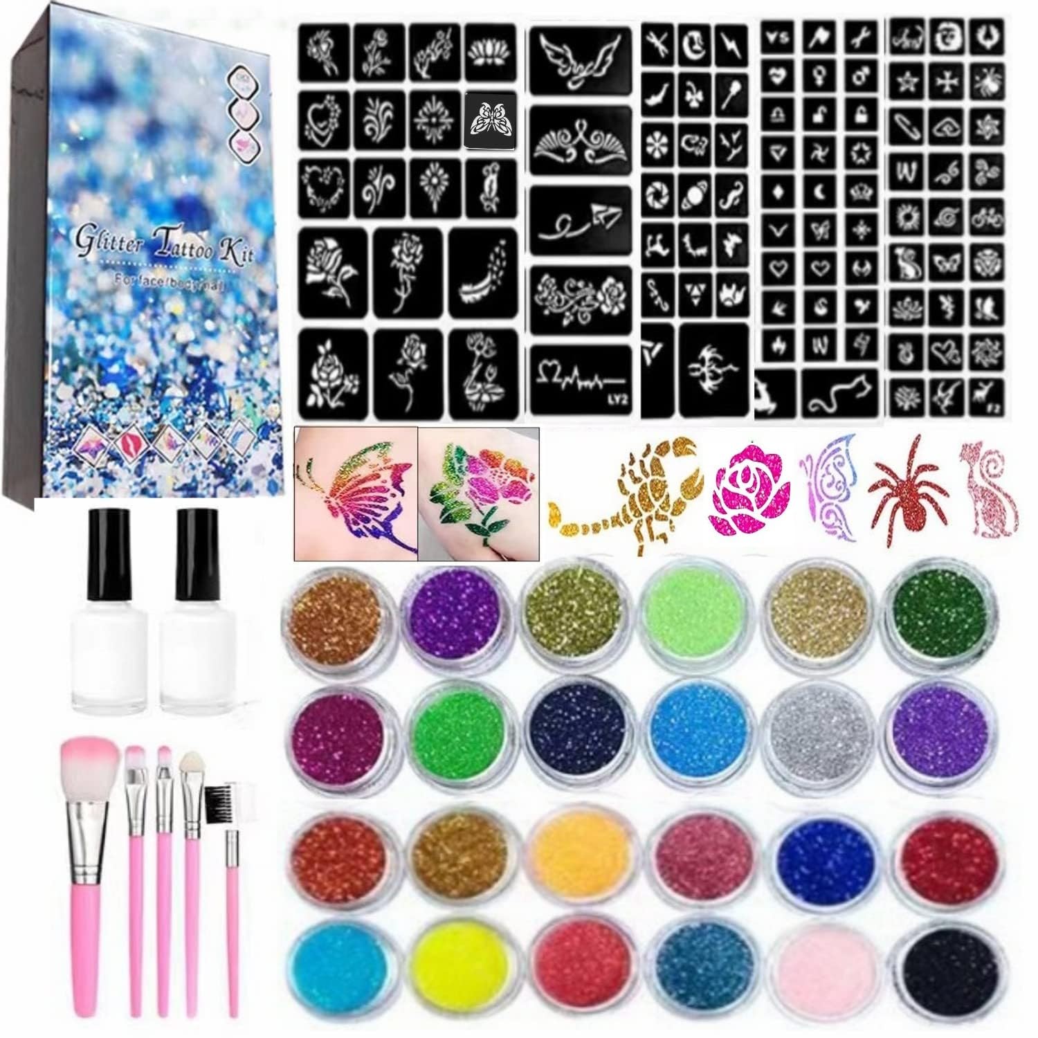 Wxfhtda kit tatouages éphémères ouvert, parfait pour activités créatives et fêtes d'enfants.