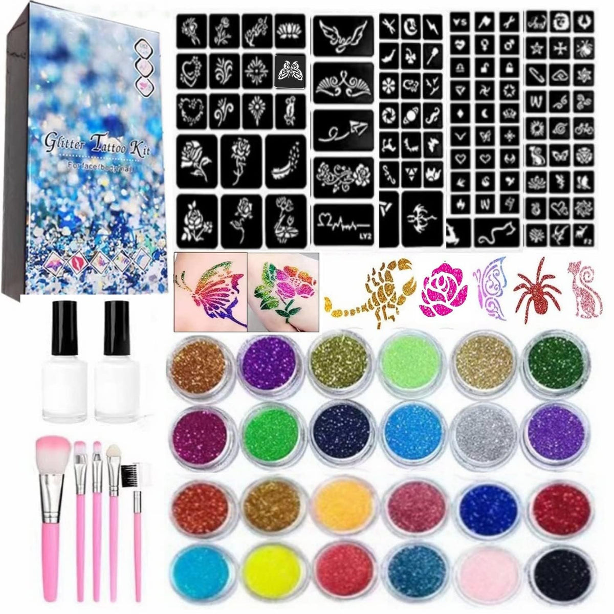Wxfhtda kit tatouages éphémères ouvert, parfait pour activités créatives et fêtes d'enfants.