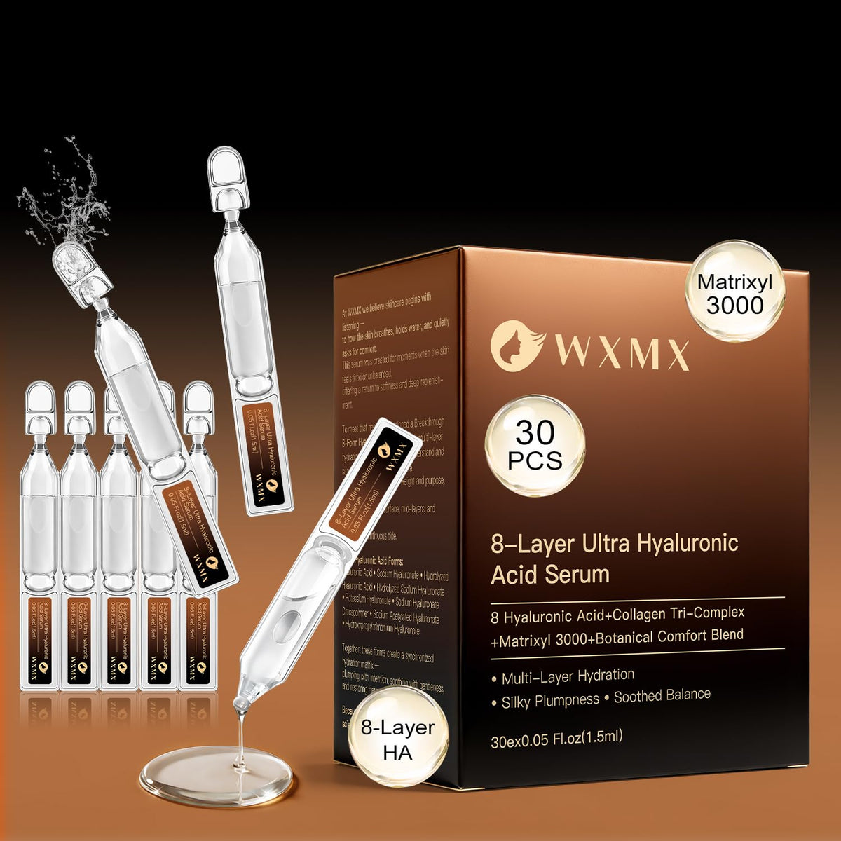 WXMX Sérum Hyaluronique Ultra — bouteille élégante prête pour hydratation durable.