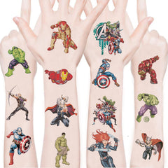 WYKDAG Avengers tatouages temporaires – 100 feuilles avec designs variés pour anniversaire.