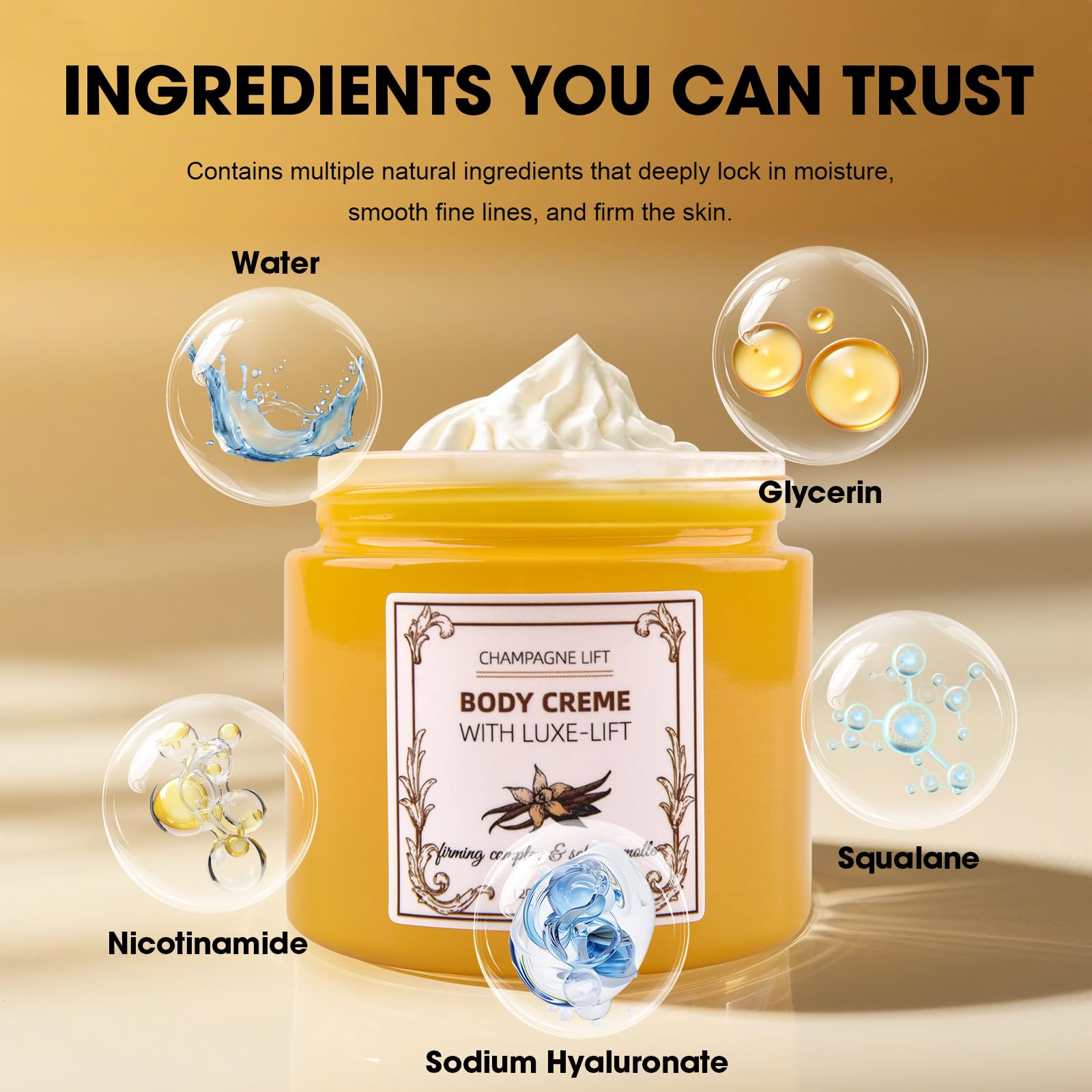 Xaninp Champagne Crème Corps – texture légère pour hydratation profonde sur les zones sèches.