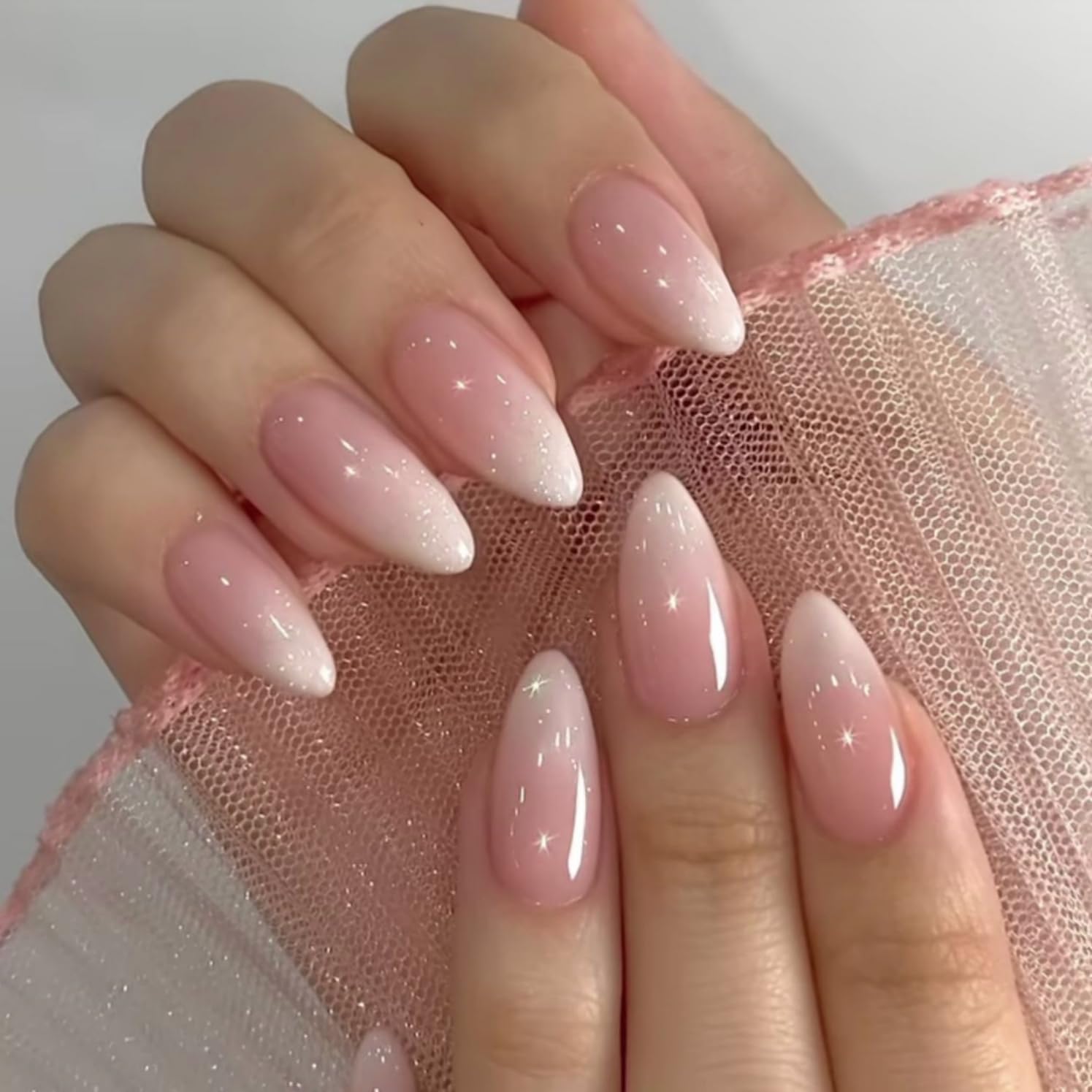 XCREANDO ongles press-on amande, ombre rose glitter, sans UV et réutilisables