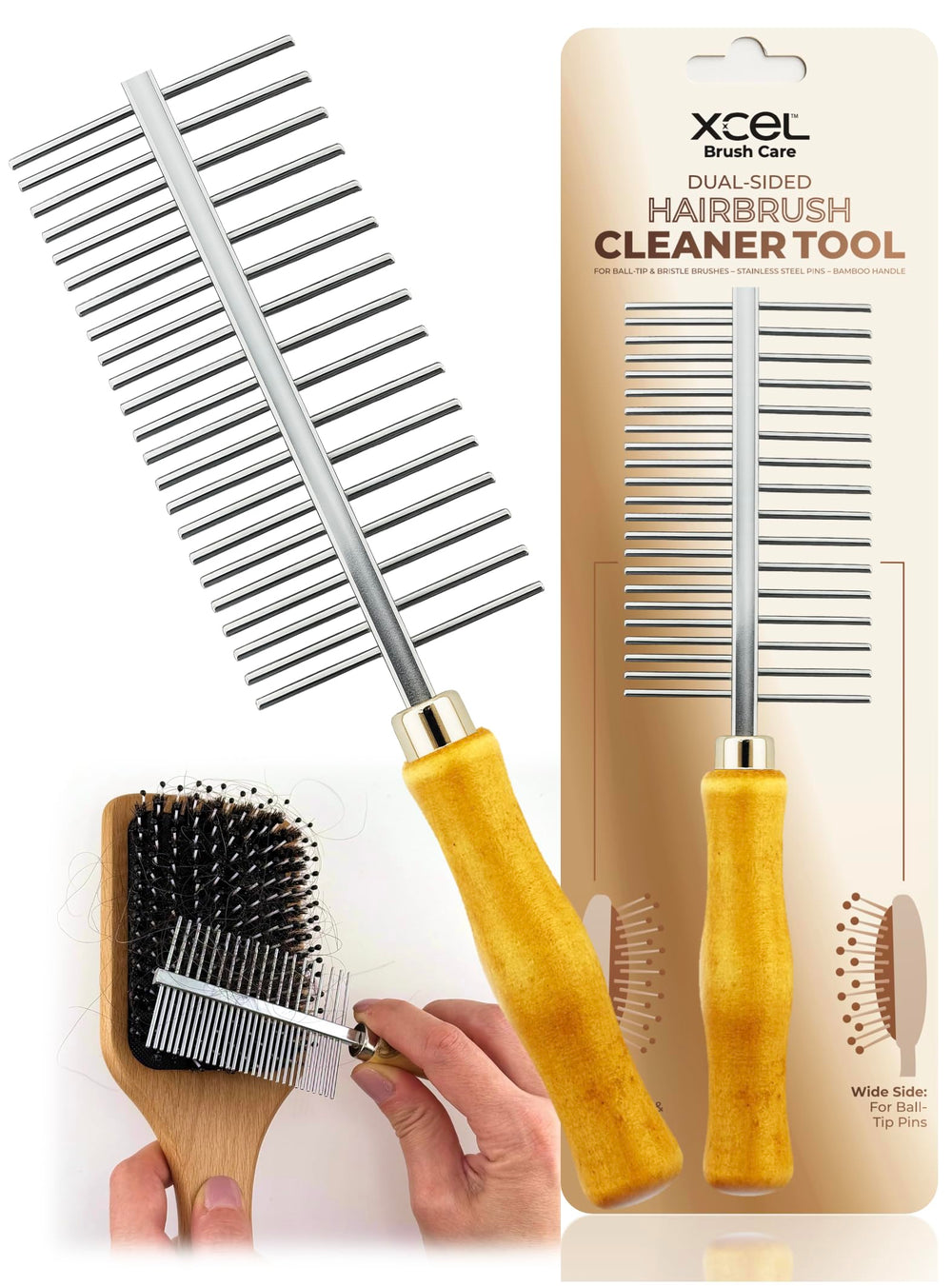 XCEL outil double-face en action sur brosse, nettoyage rapide et efficace