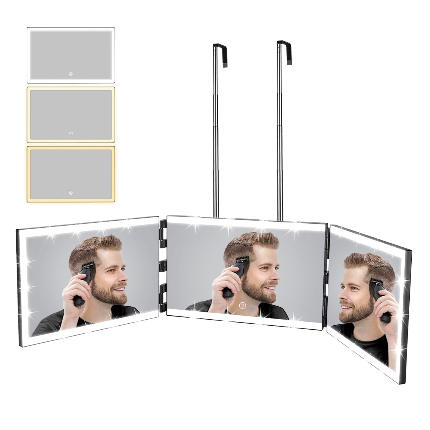 Miroir XIGETRAIL à 3 volets avec lumière 360°, pour une coiffure précise.