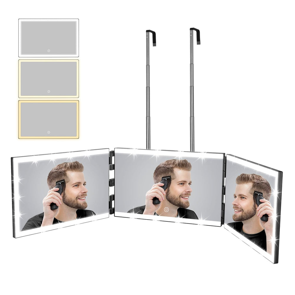 Miroir XIGETRAIL à 3 volets avec lumière 360°, pour une coiffure précise.