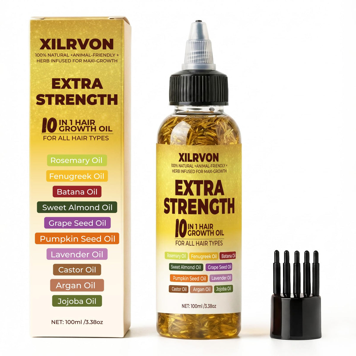 XILRVON Herbal Hair Growth Oil bottle showing root nourishment.
