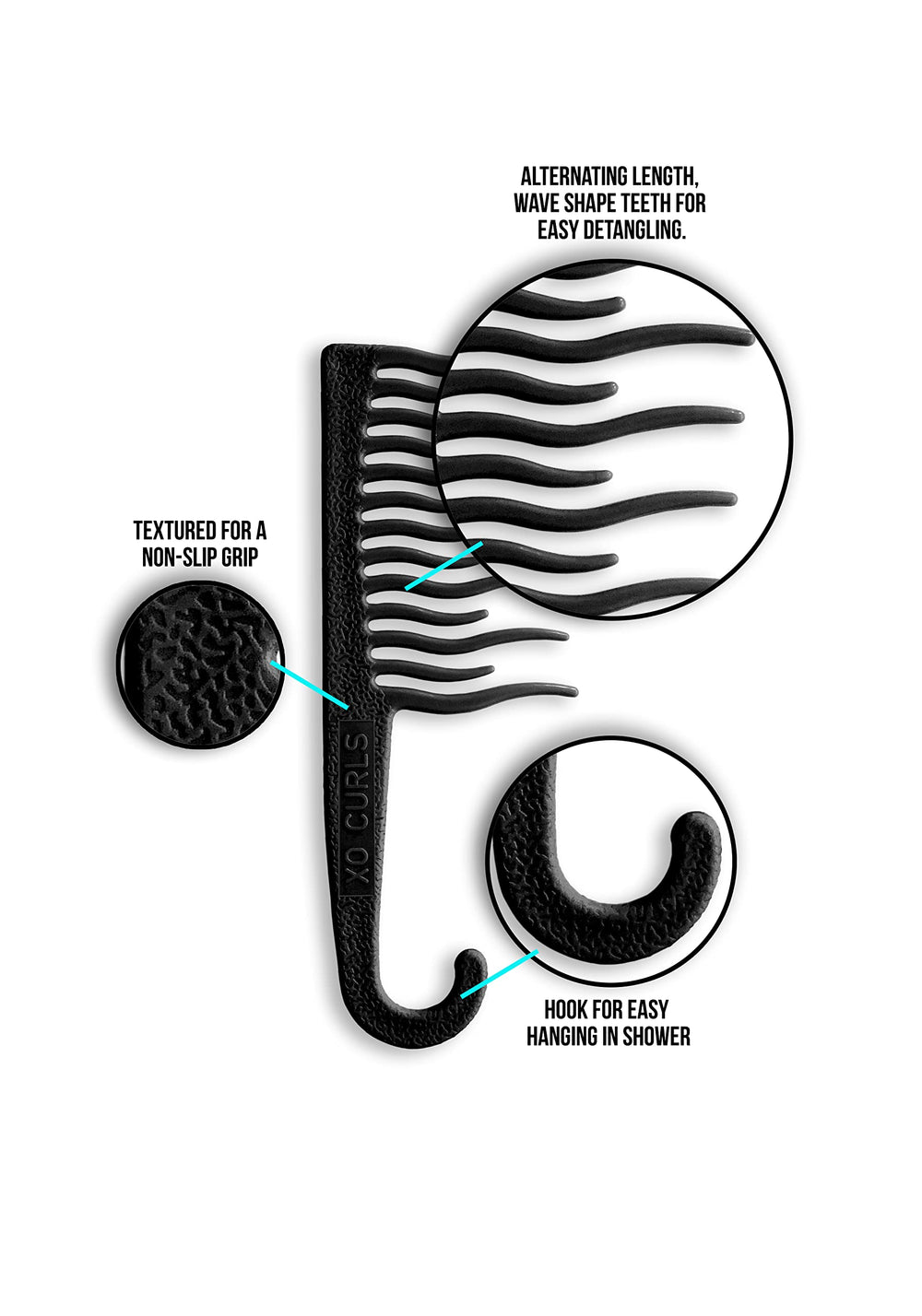 Le peigne XO Curls offre texture antiderapante pour une prise sûre.