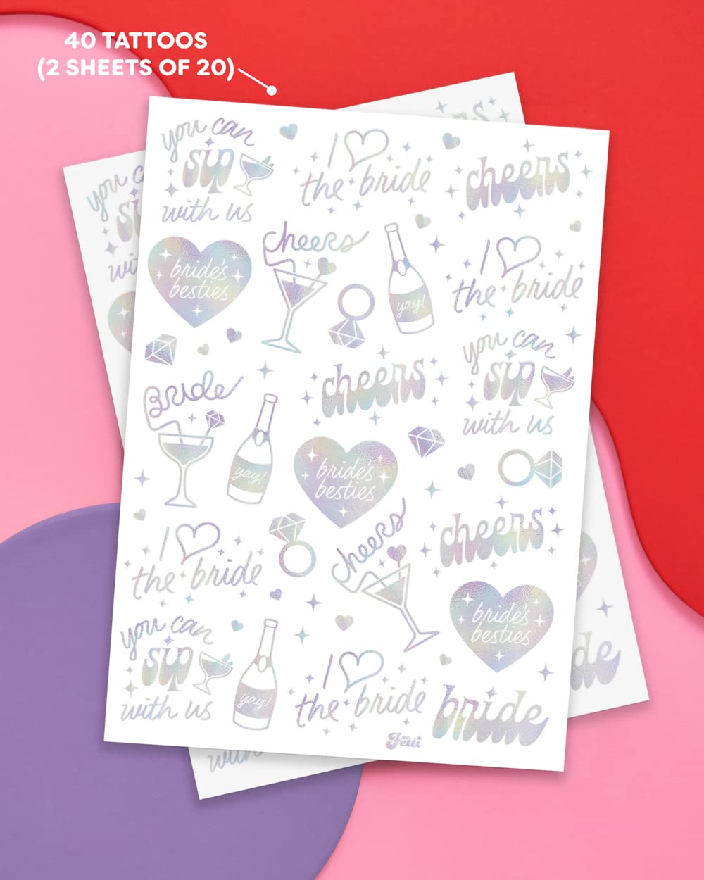Tatouages xo-fetti iridescents avec bagues, parfait souvenir chic.