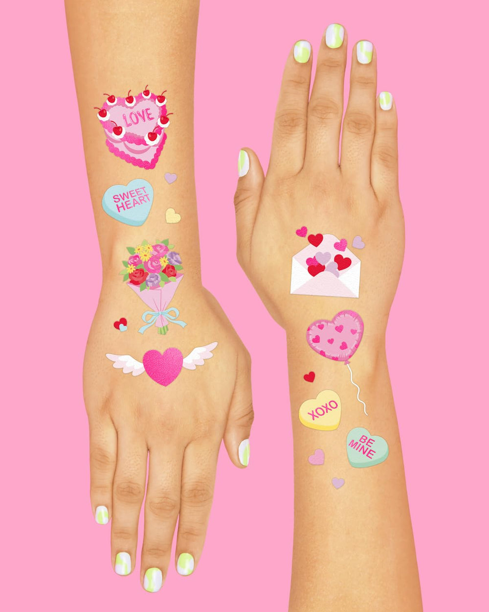 Tatouages xo Fetti Saint-Valentin designs artistiques en rose, application facile