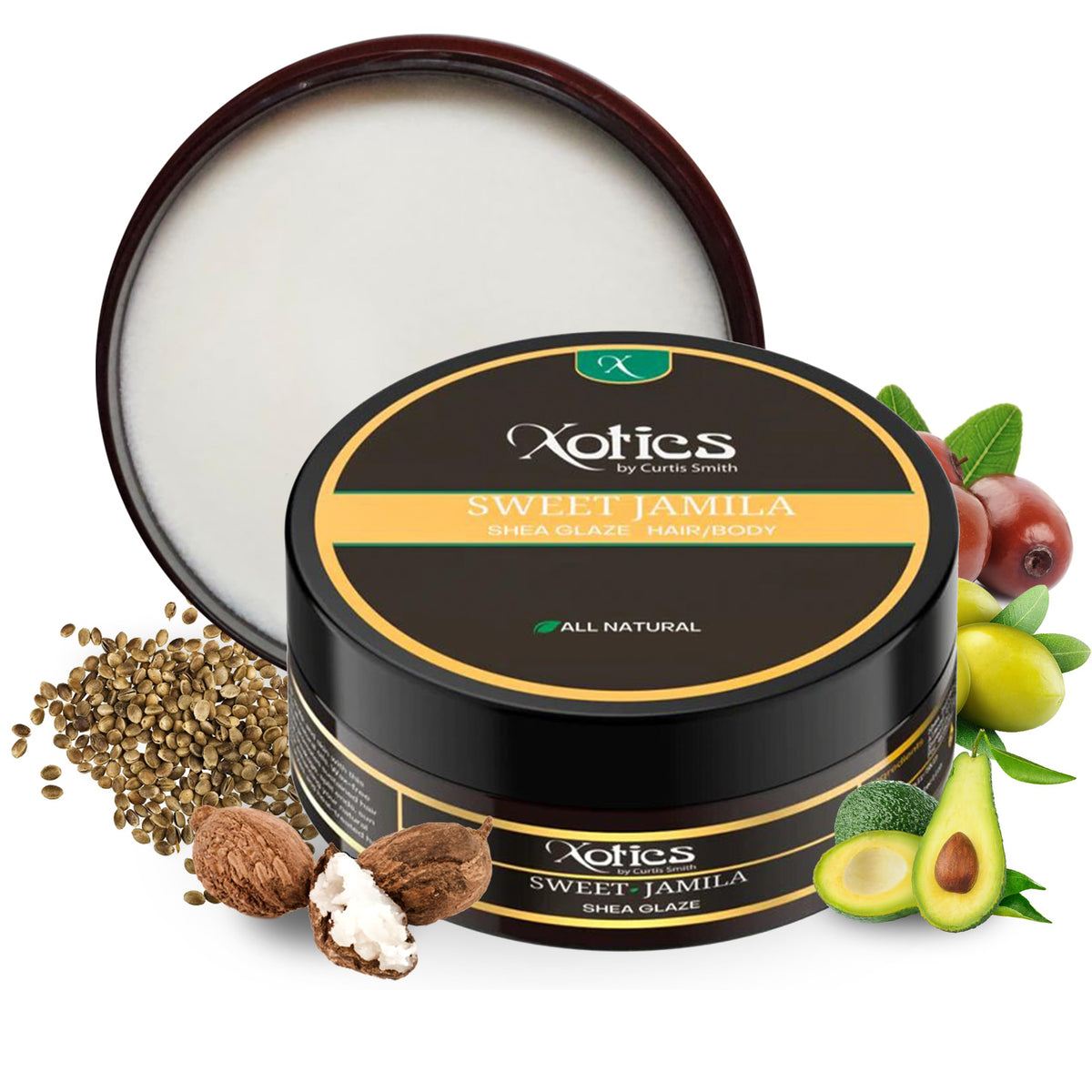 Xotics Sweet Jamila : pot proche, soin nourrissant pour cheveux et peau.
