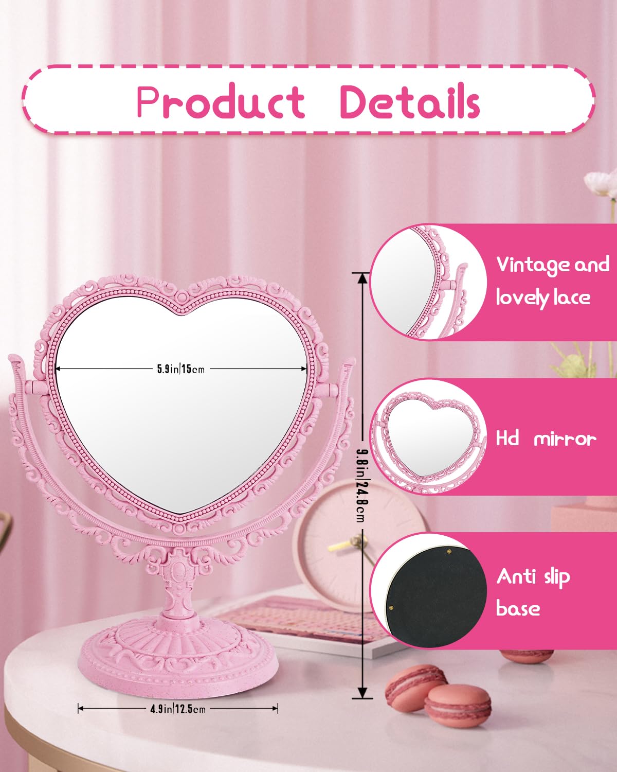 XPXKJ miroir cœur vintage sur socle stable pour une utilisation quotidienne sans tremblements.