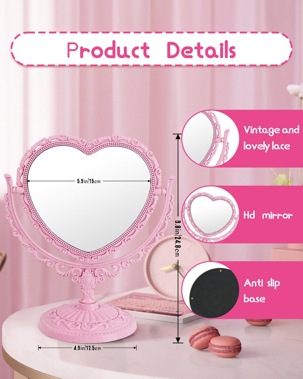 XPXKJ miroir cœur vintage sur socle stable pour une utilisation quotidienne sans tremblements.