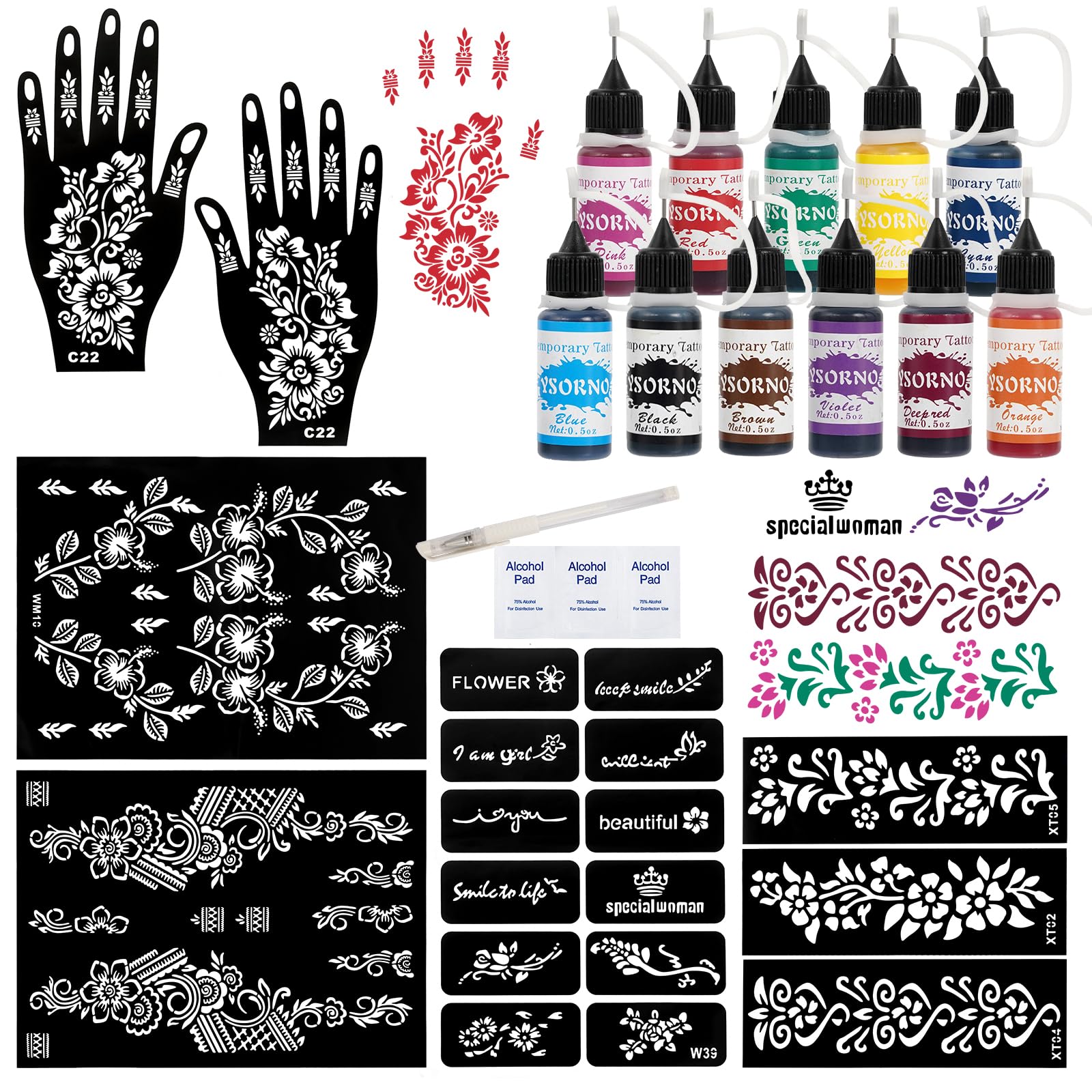 XsXiXi kit tatouage temporaire: 11 couleurs en bouteilles pour designs variés.