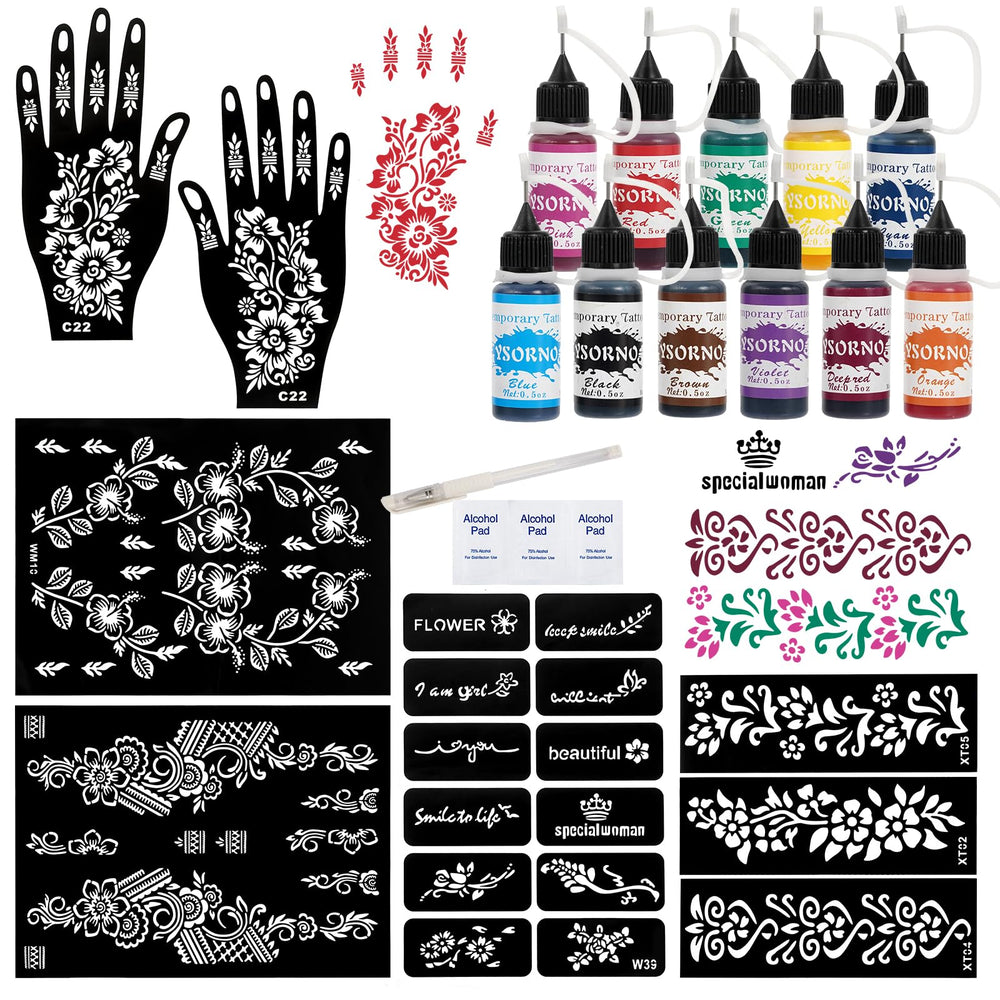 XsXiXi kit tatouage temporaire: 11 couleurs en bouteilles pour designs variés.