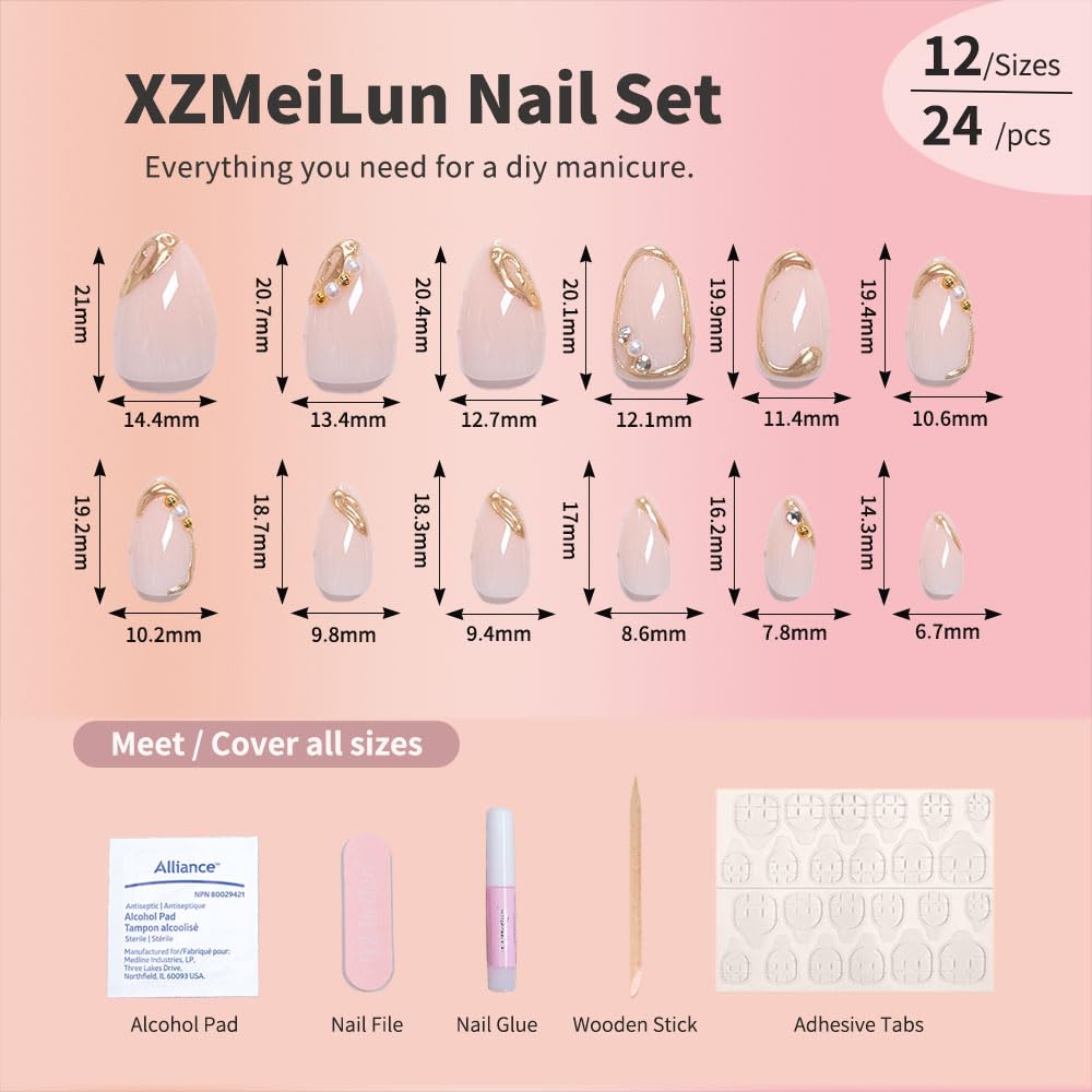 Ongles XZMeiLun bout français doré et perles 3D pour un style raffiné