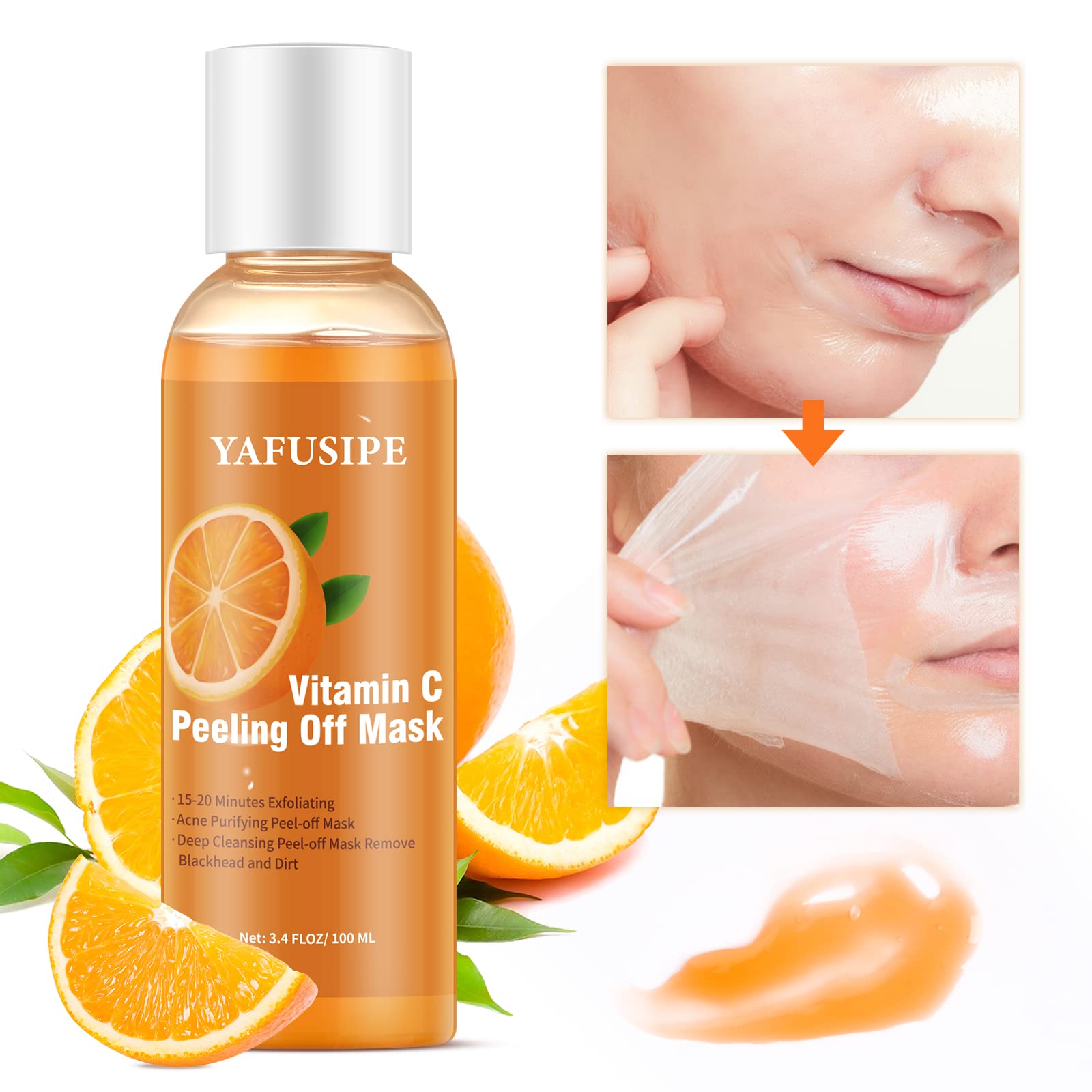 Masque YAFUSIPE Peel-Off sur visage: texture veloutée et exfoliation lumineuse.