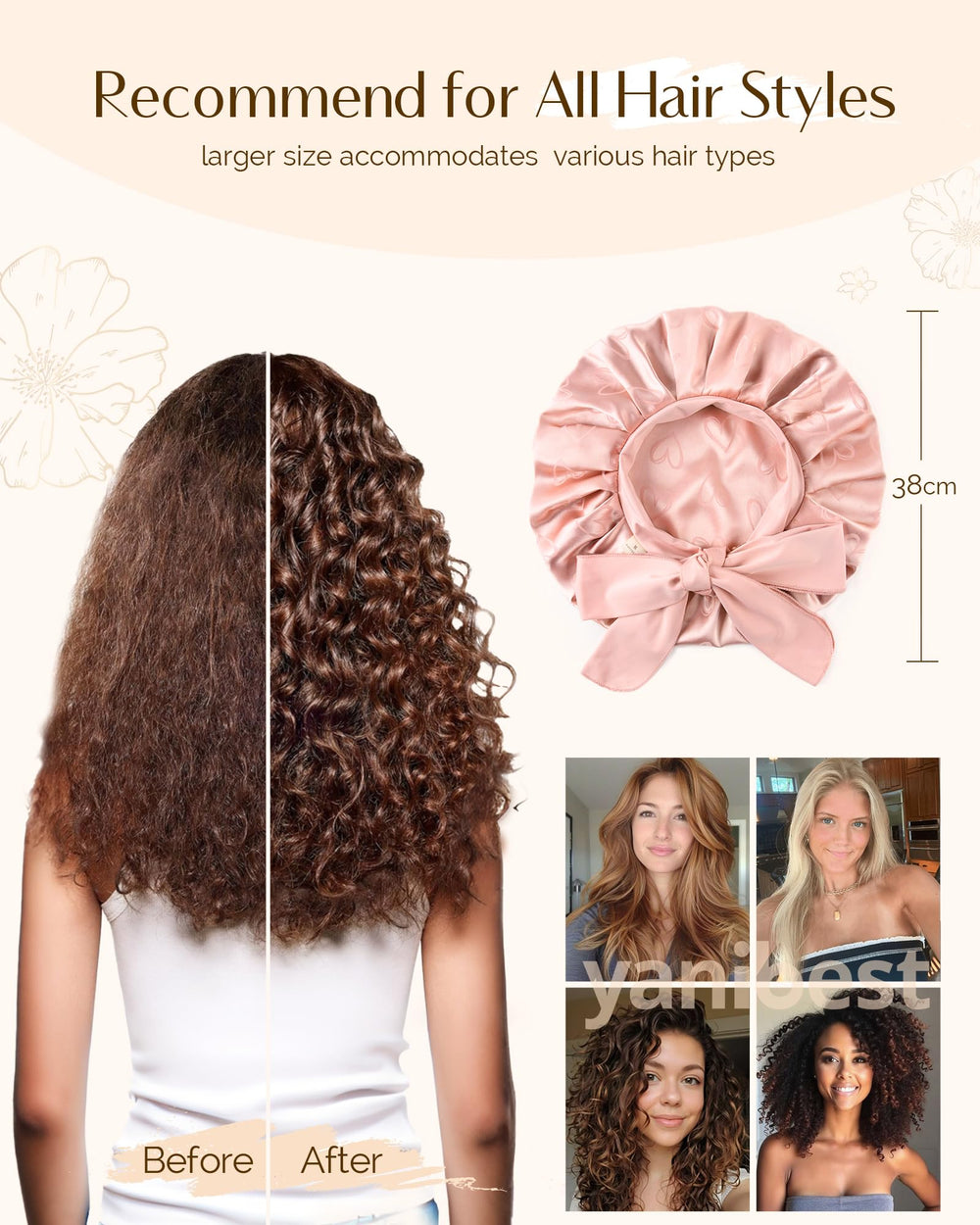 YANIBEST bonnet satin doux pour cheveux bouclés, réduction des nœuds potentiels