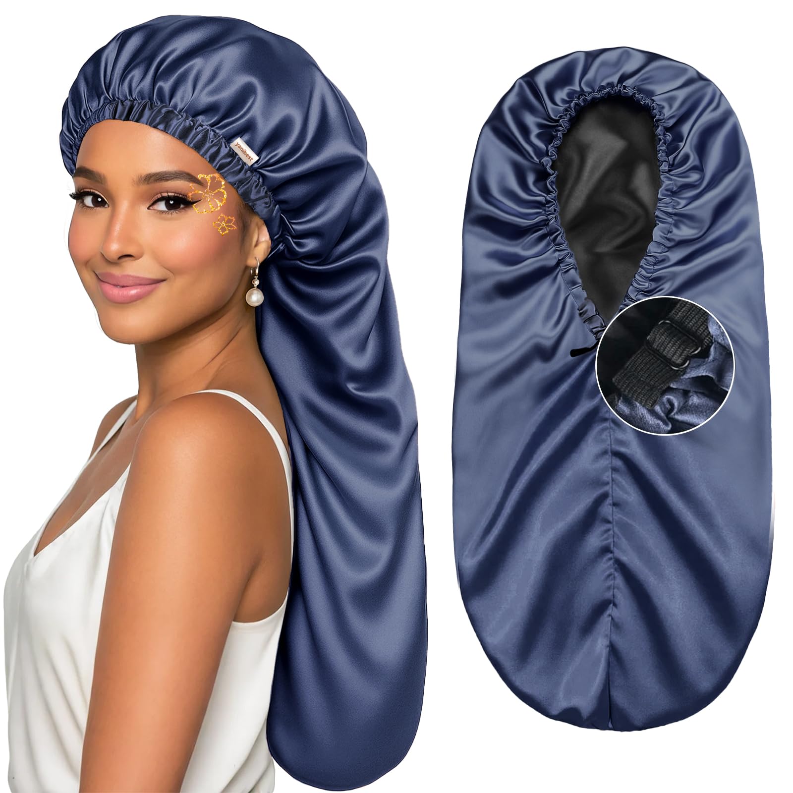 Yanibest bonnet long-tresses satin marine protège les tresses nocturnes et réduit les frottements.