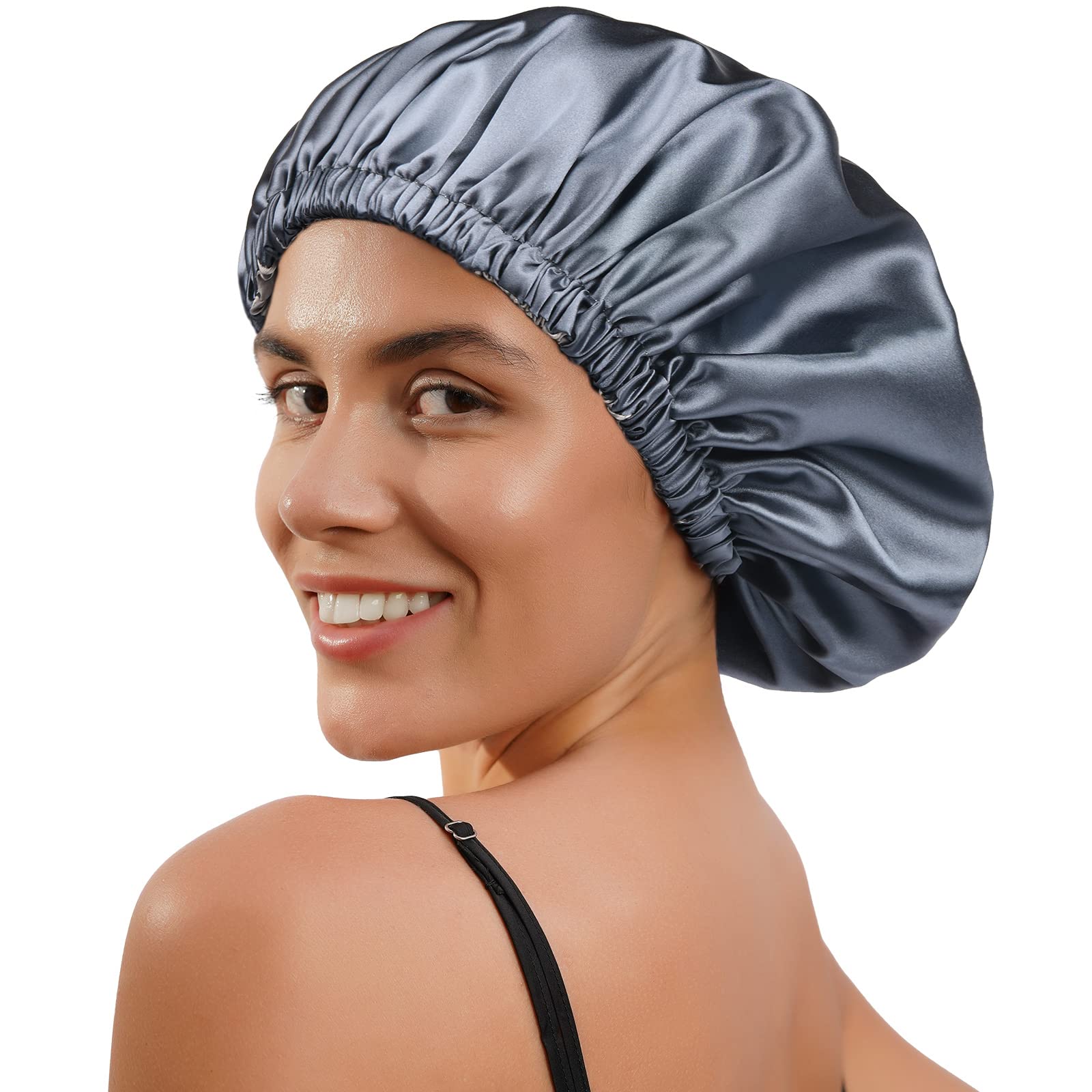 Bonnet Yanibest satin bleu-ash en profil protégeant les cheveux