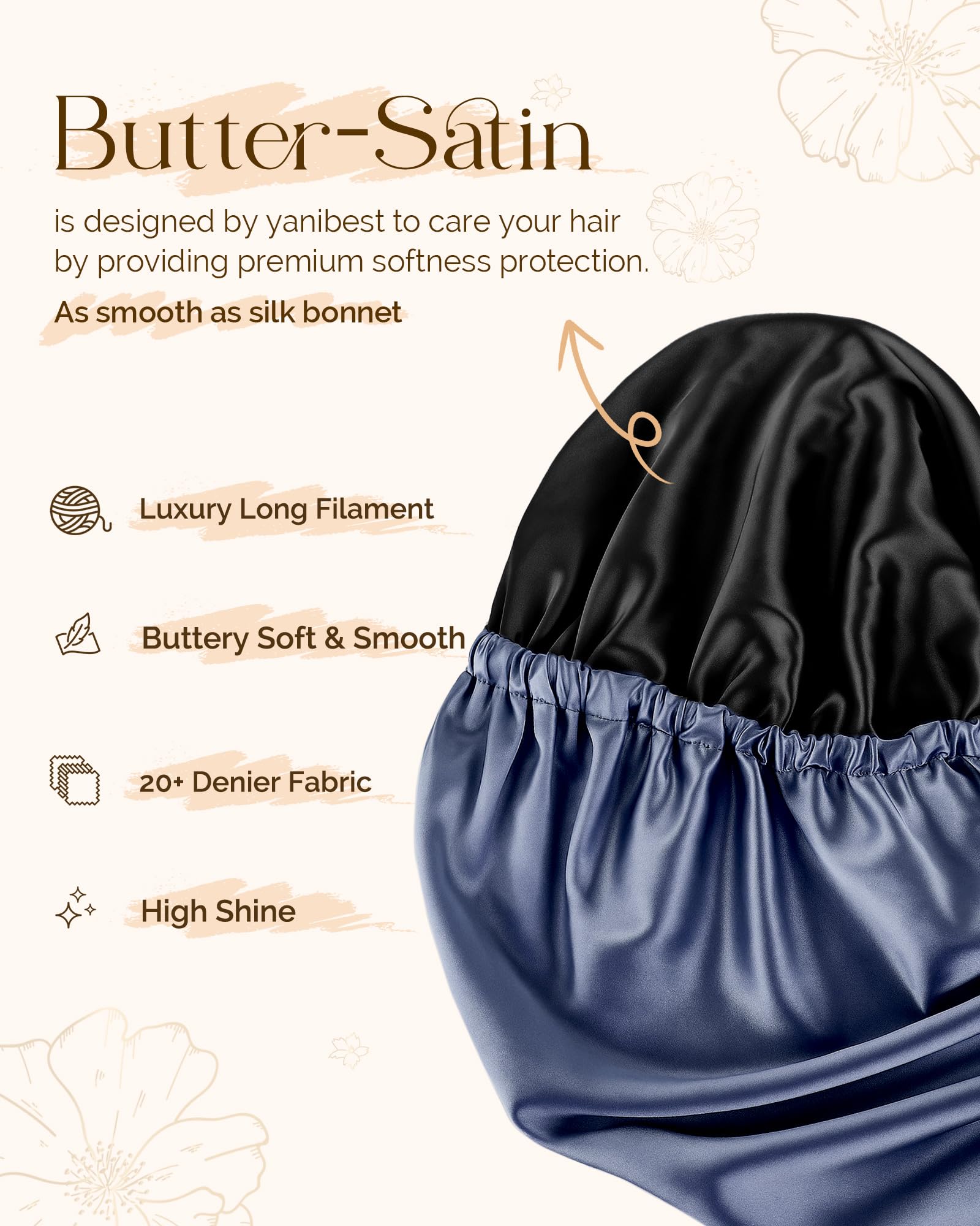 Yanibest bonnet satin cheveux bouclés marine évite les nœuds et frisottis au réveil.