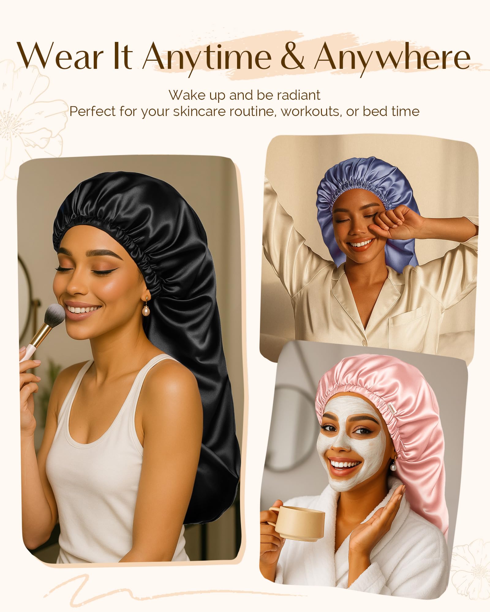 Yanibest bonnet satin cheveux longs marine espace généreux pour les cheveux volumineux.