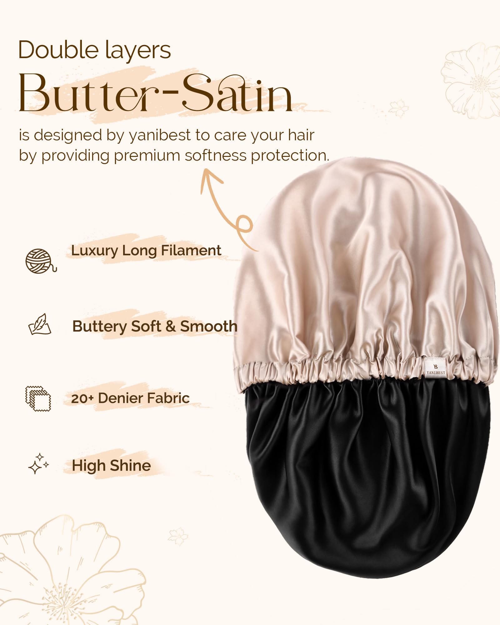 Bonnet Yanibest satin noir douceur qui préserve les boucles sans irriter le cuir chevelu.