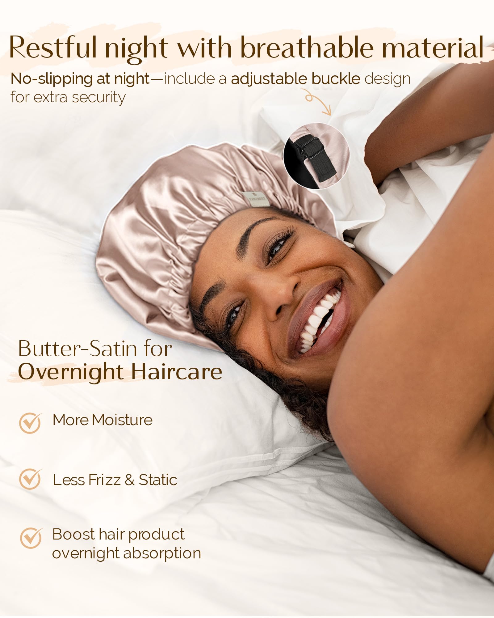 Bonnet Yanibest satin rose réduit les frisottis et facilite le réveil.