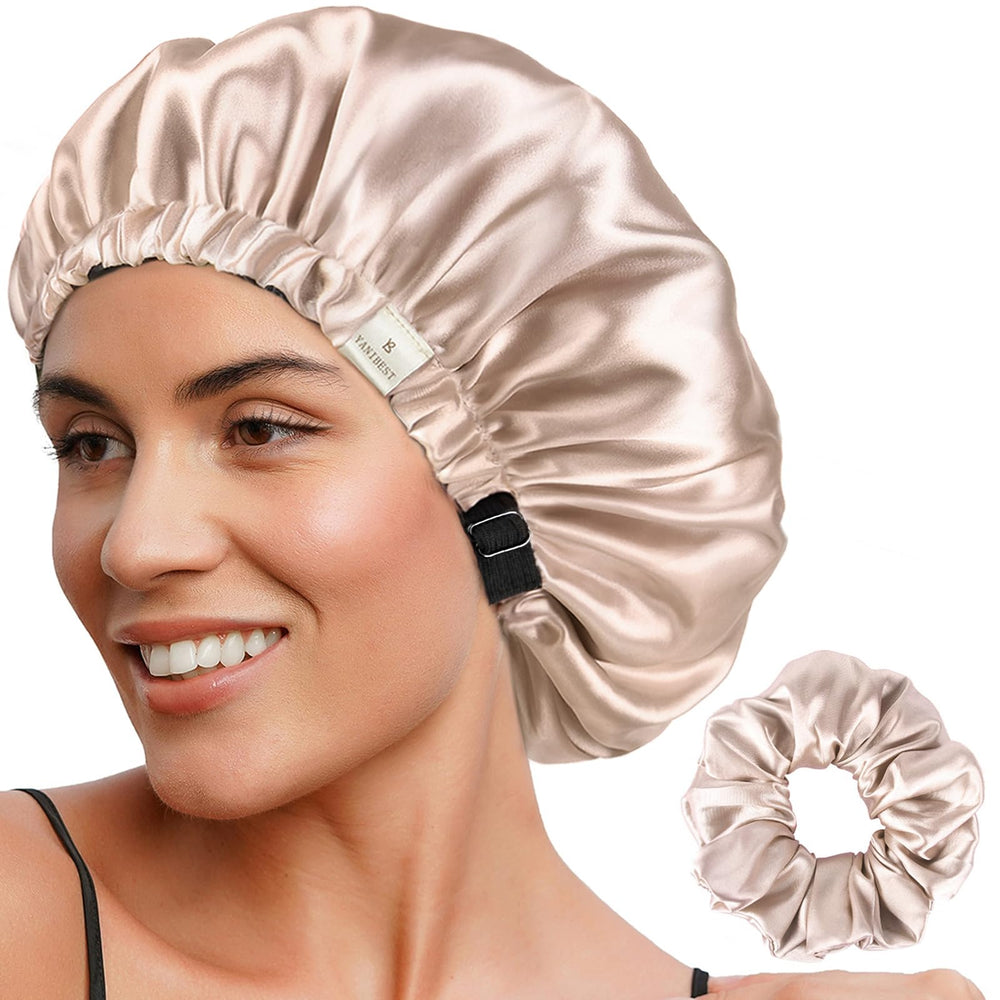 Yanibest bonnet satin double couche, vue face ouverte, protège les cheveux et réduit les frottements nocturnes.