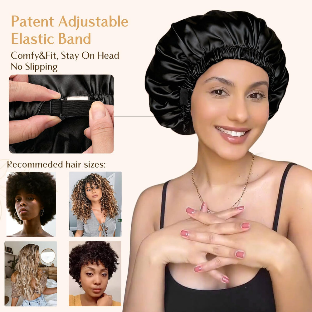YANIBEST bonnet satin double couche - modèle porté, confort nocturne pour cheveux bouclés