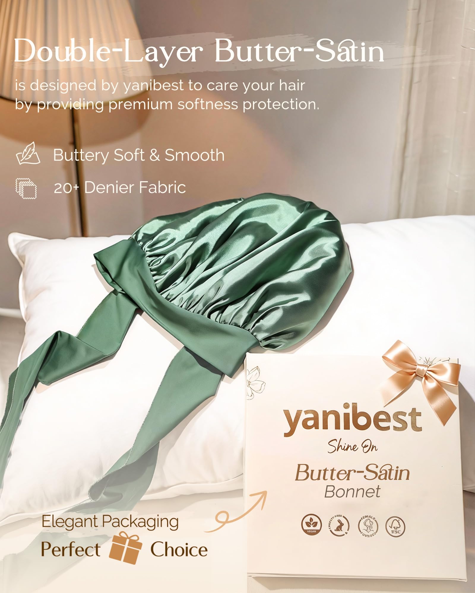 YANIBEST bonnet satin double couche, protection renforcée des coiffures pendant la nuit.