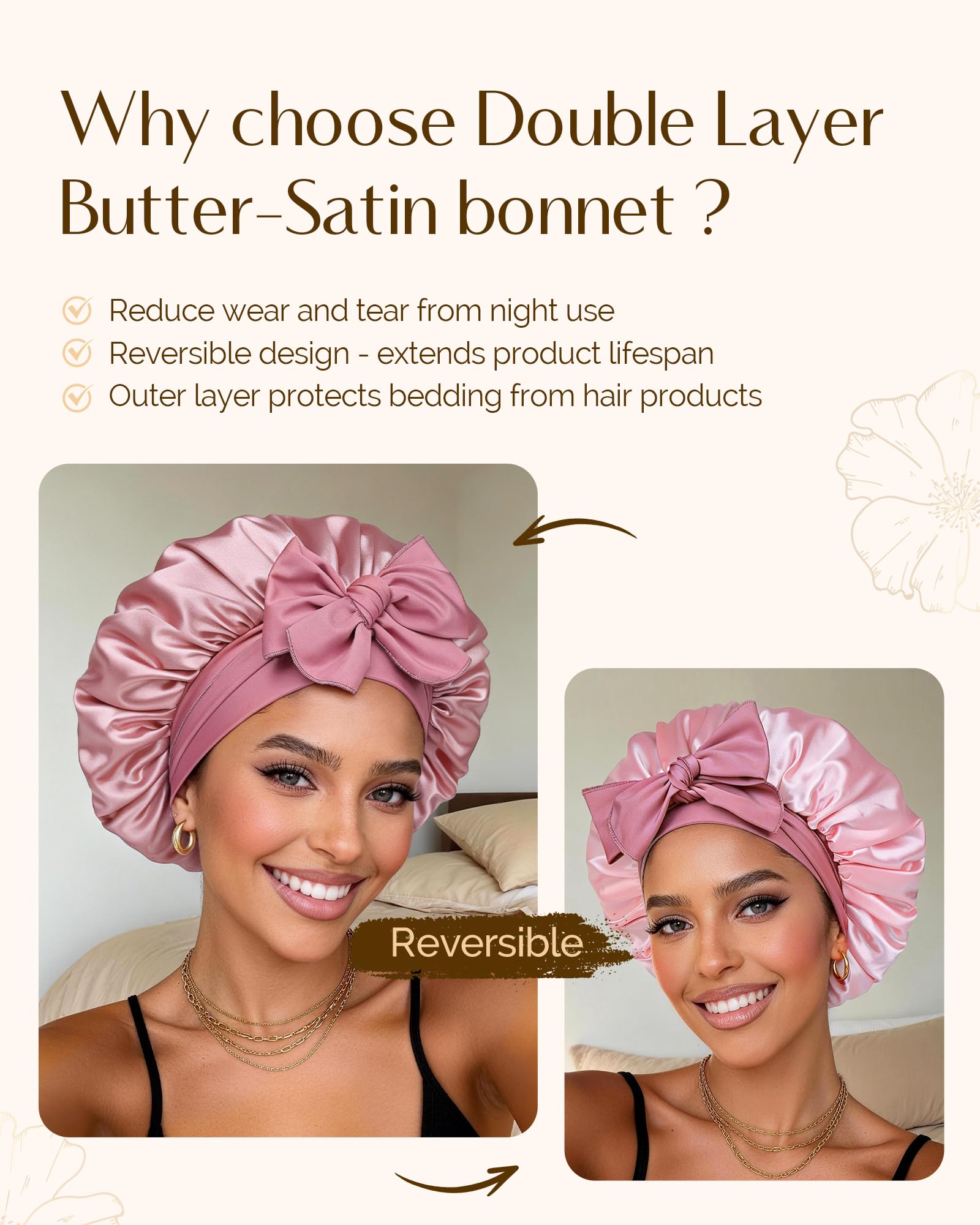 Yanibest bonnet satin rose, parfait pour dormir sans frottement et retenir l'hydratation.