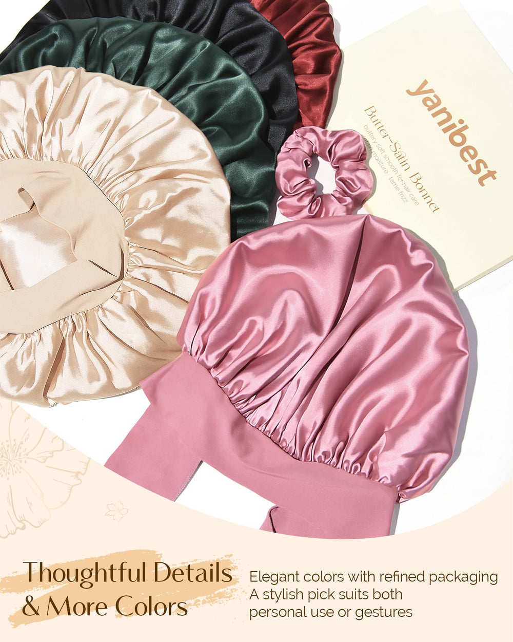 Yanibest bonnet satin rose, coffret cadeau élégant pour cheveux sains et brillants.
