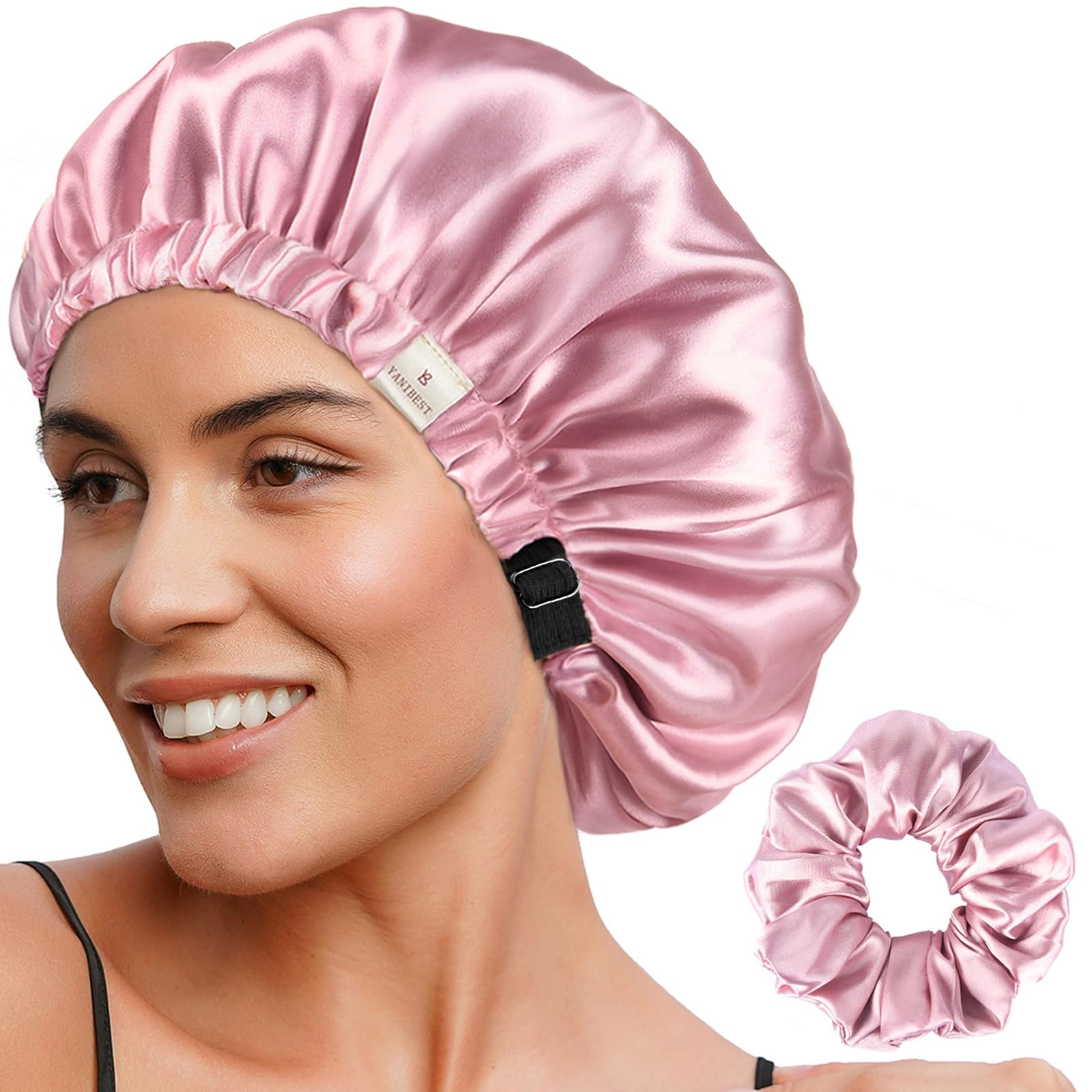 YANIBEST bonnet-satin-double-couche-rose-perle offre douceur et protection nocturne pour les cheveux.