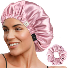 YANIBEST bonnet-satin-double-couche-rose-perle offre douceur et protection nocturne pour les cheveux.