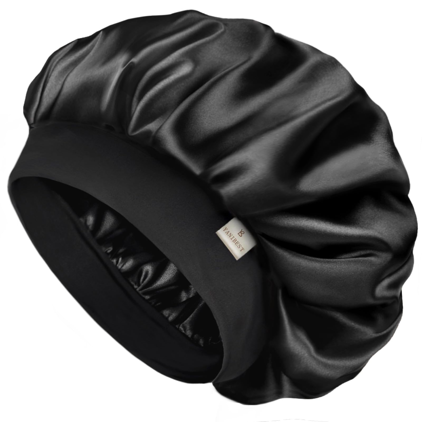 YANIBEST bonnet satin double couches noir: protection douce des cheveux pendant le sommeil.