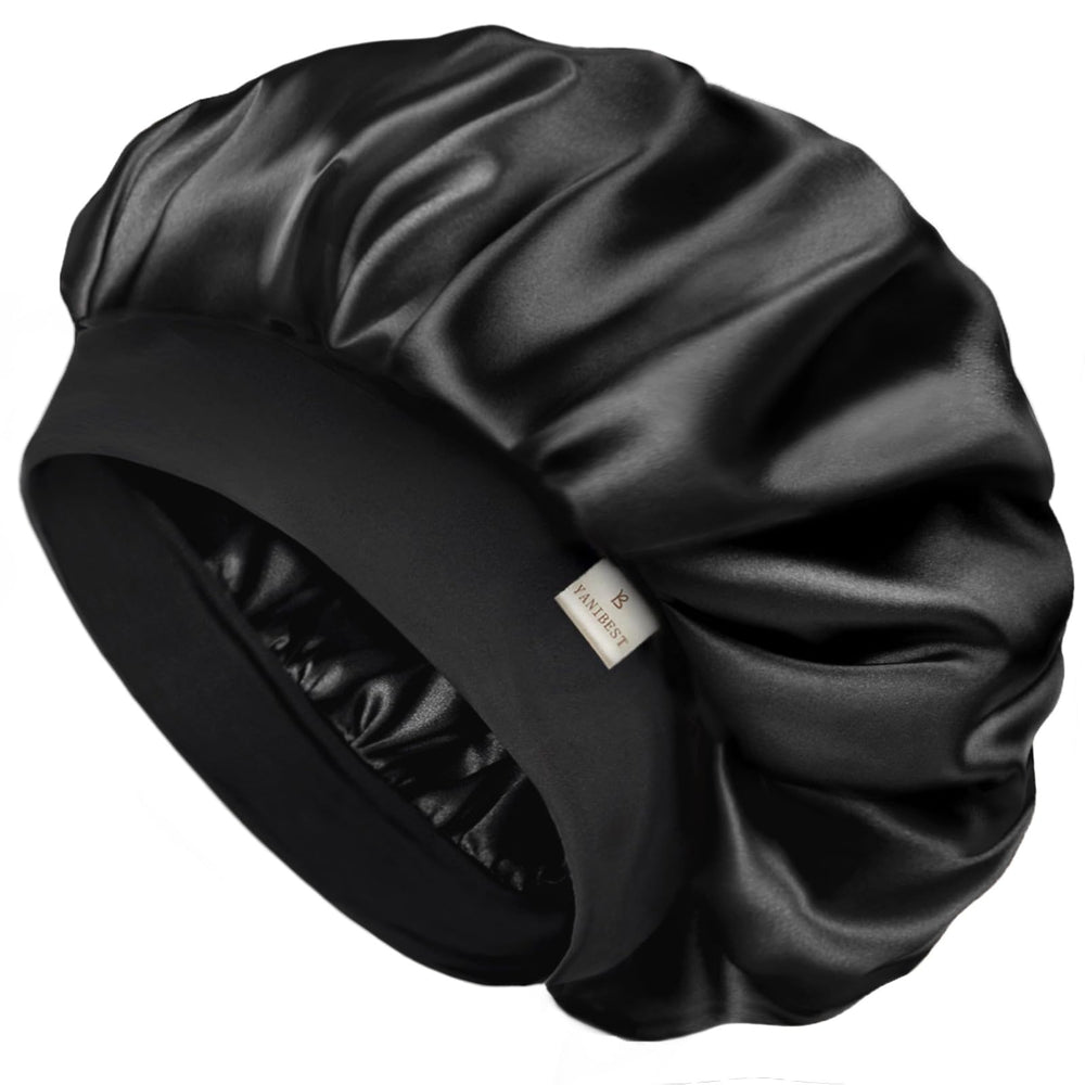 YANIBEST bonnet satin double couches noir: protection douce des cheveux pendant le sommeil.
