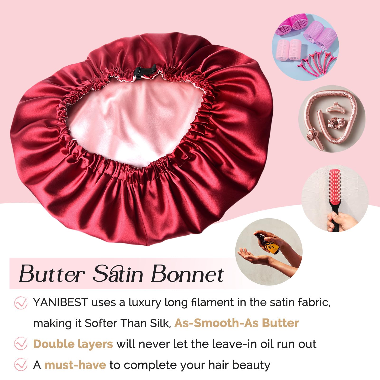 Yanibest bonnet satin protège les cheveux et les draps lors des routines capillaires.