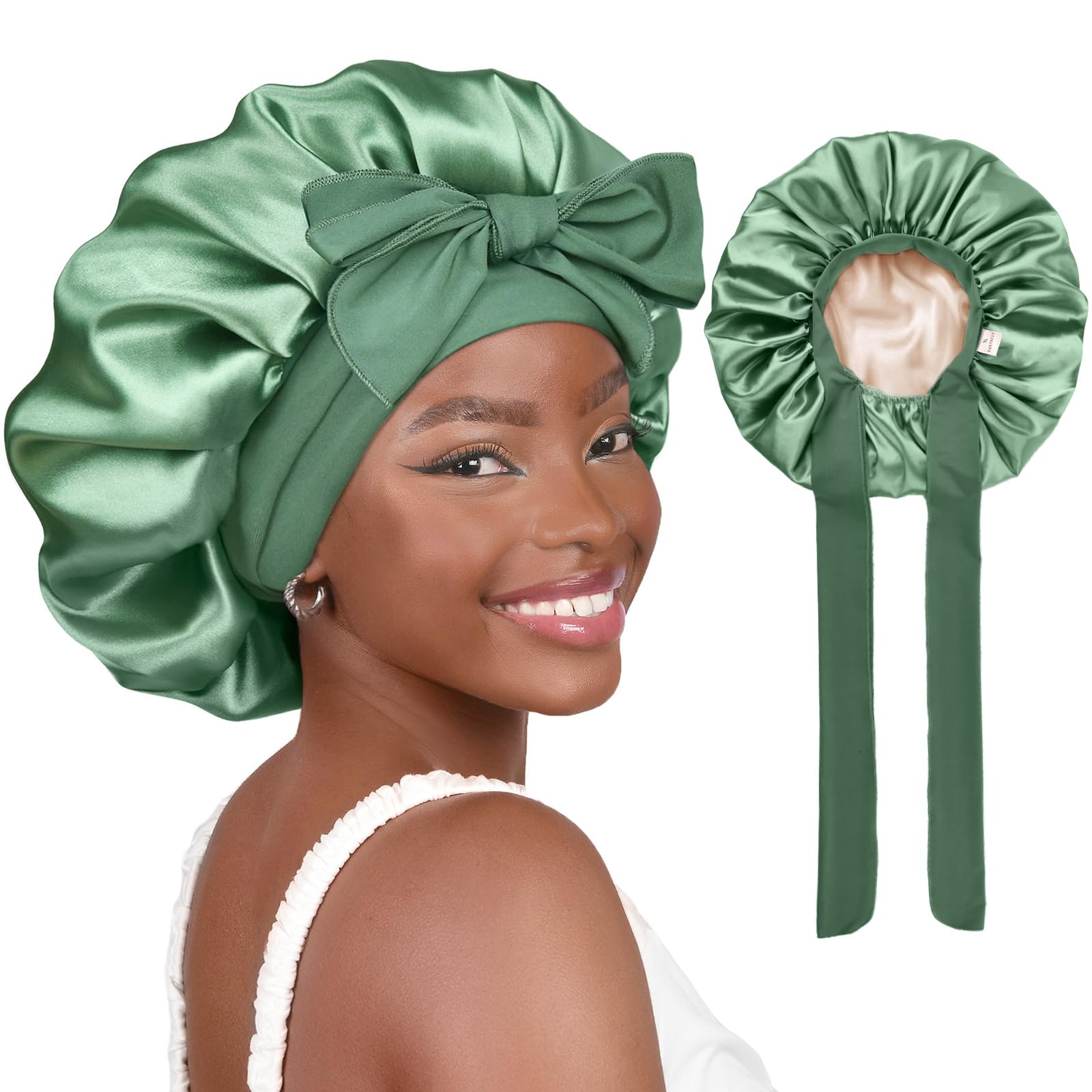 YANIBEST bonnet-satin-nuit-jumbo-vert protège les cheveux pendant le sommeil et réduit les frottements.