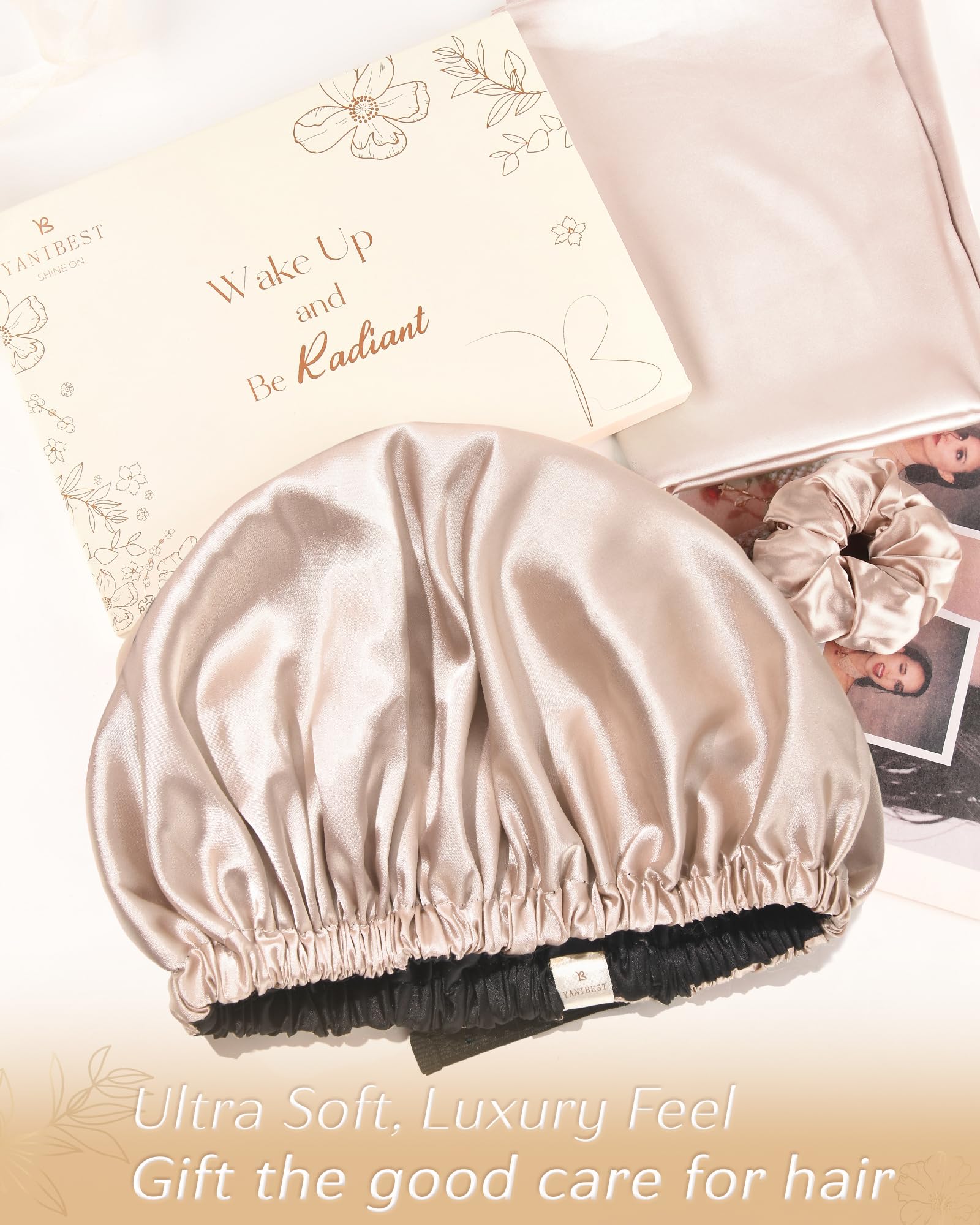 Yanibest bonnet satin, double couche pour garder hydratation et propreté du lit et coiffure.
