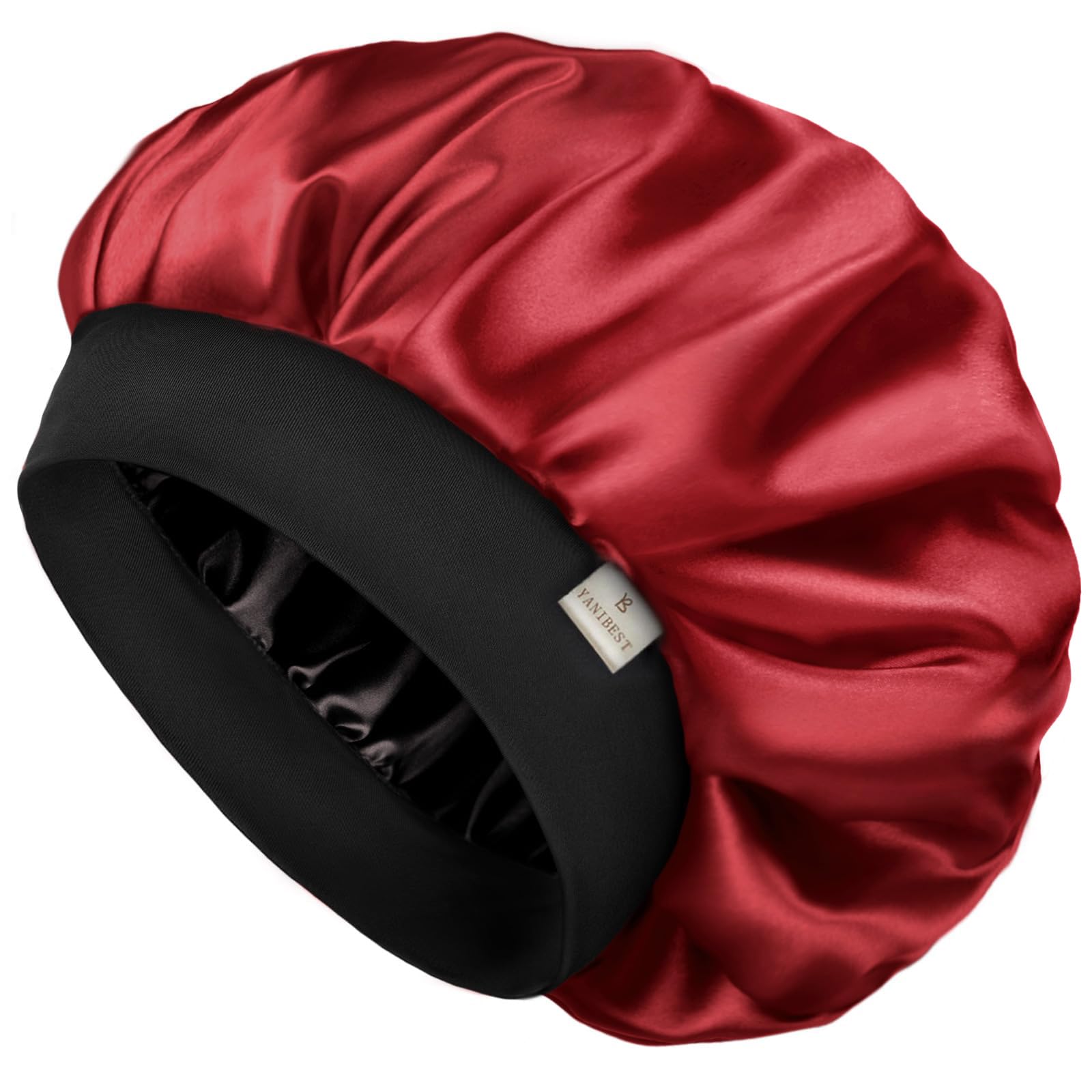 Yanibest bonnet satin double couche rouge porté pour protéger les cheveux pendant le sommeil