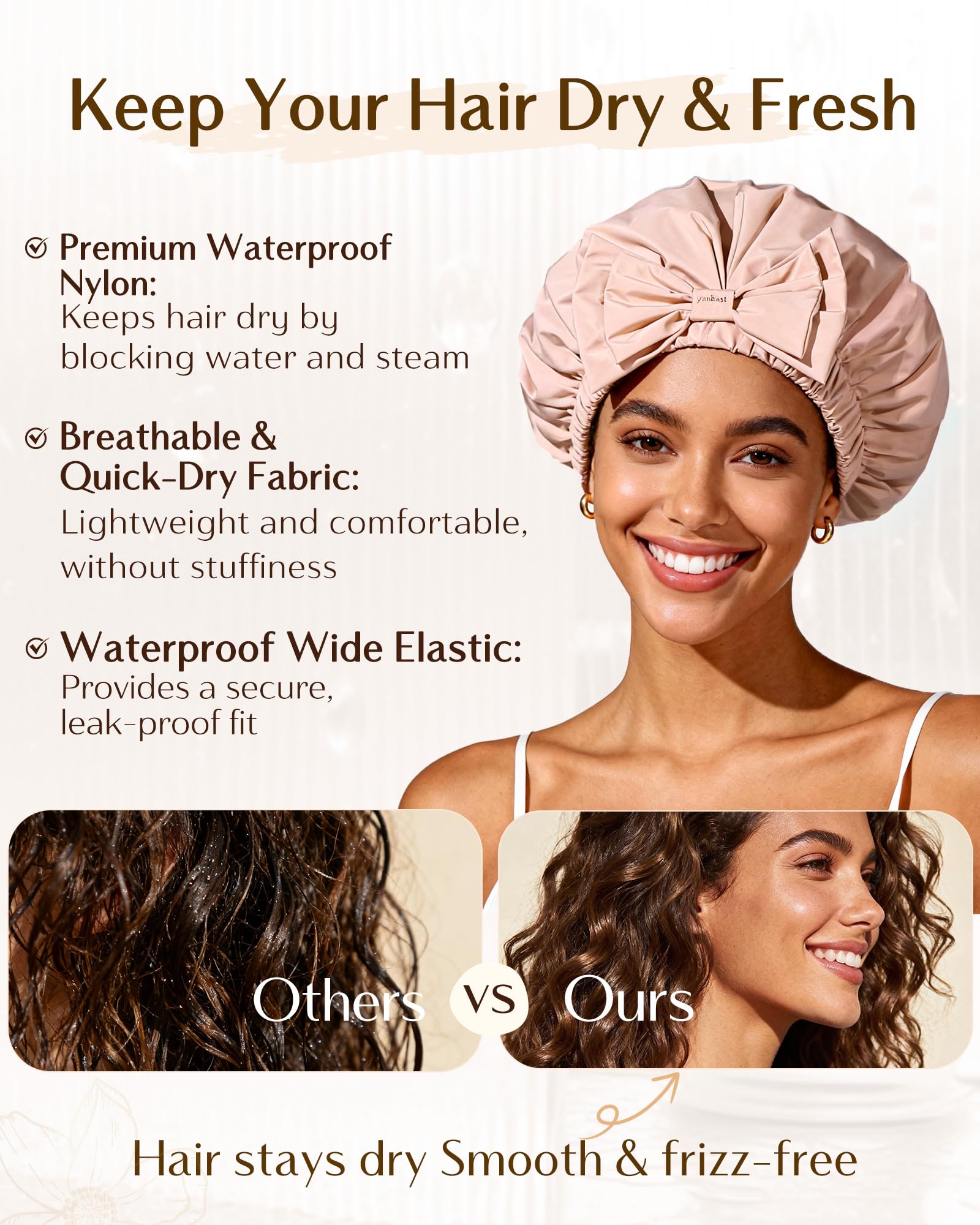 Yanibest cap douche pêche-rose léger et rapide à sécher après usage.