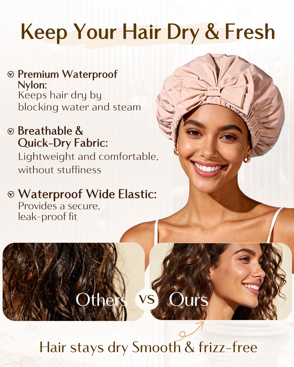 Yanibest cap douche pêche-rose léger et rapide à sécher après usage.