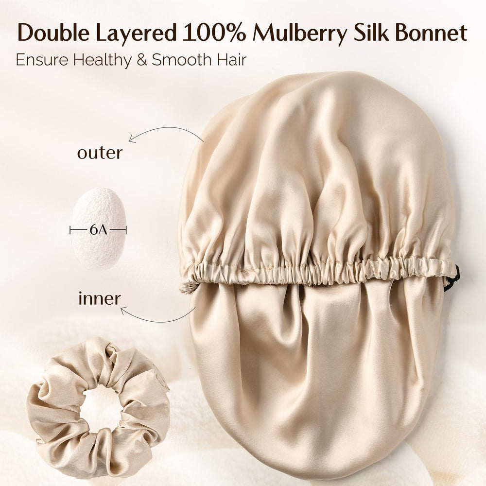 Bonnet YANIBEST en soie champagne, ajustable, convient à toutes les longueurs de cheveux.
