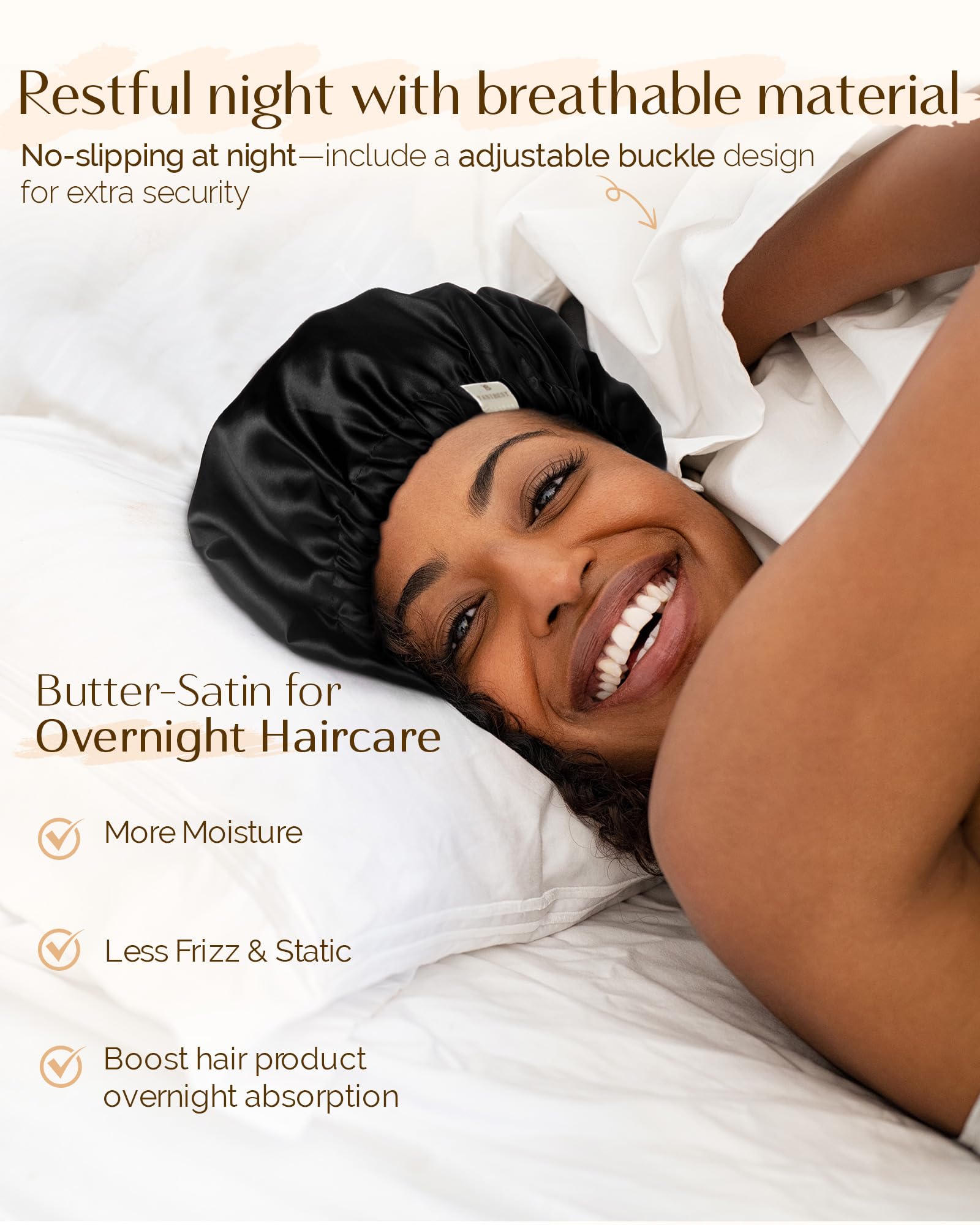 Yanibest bonnet satin-protection-cheveux, réduit frottements et électricité statique.