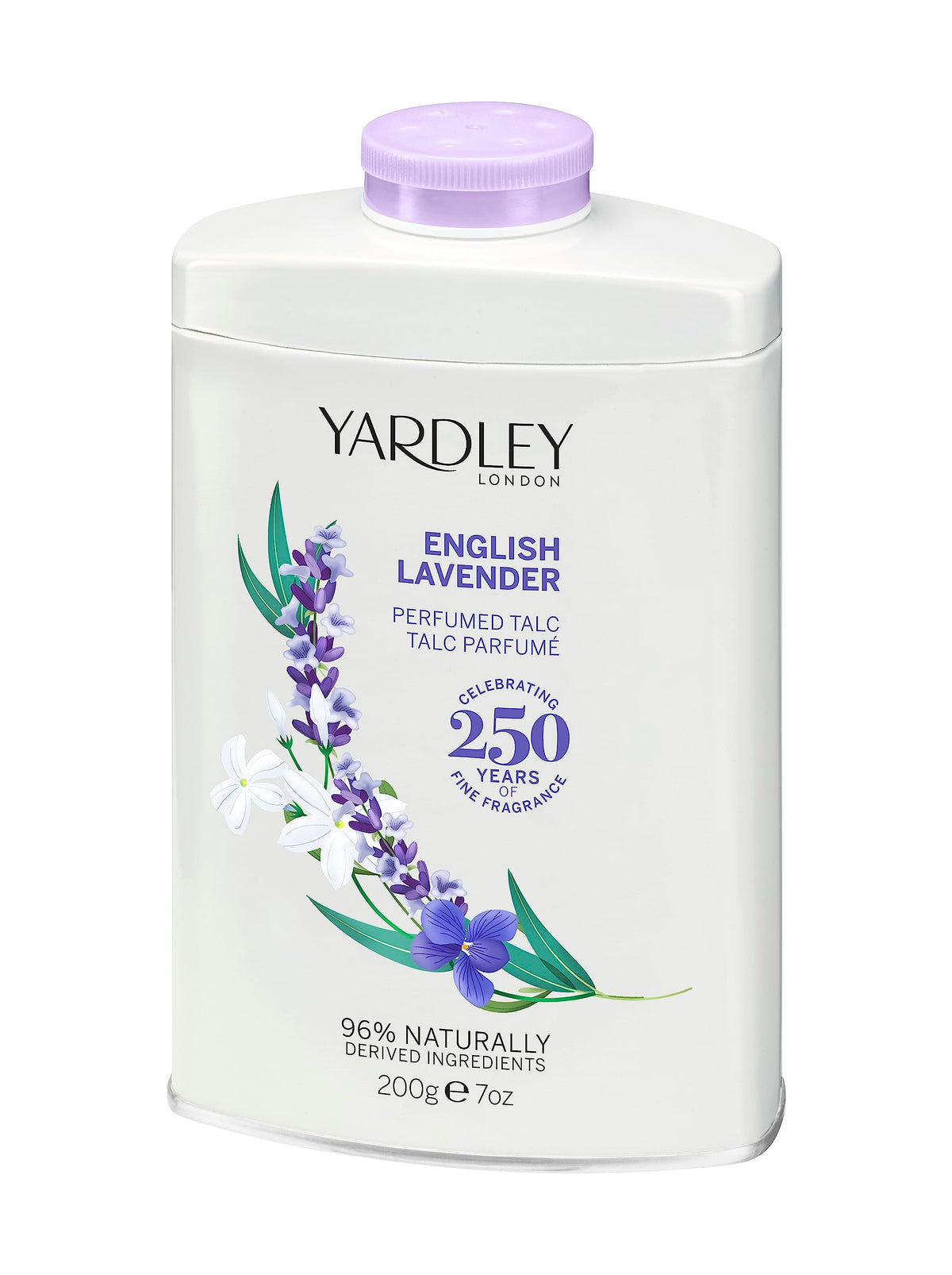 Yardley Lavande anglaise, talc en flacon doux et parfumé pour la peau.
