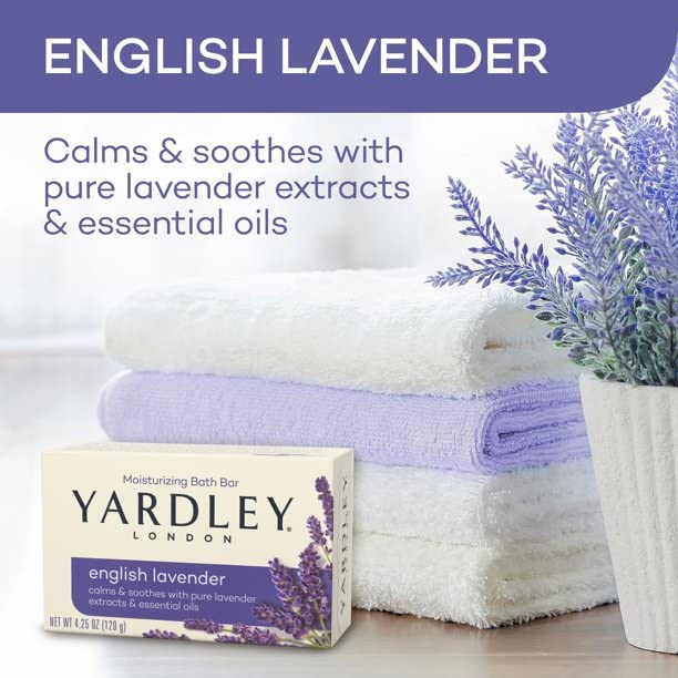 Barre savon lavande-anglaise Yardley London, texture crèmeuse idéale pour bain relaxant.