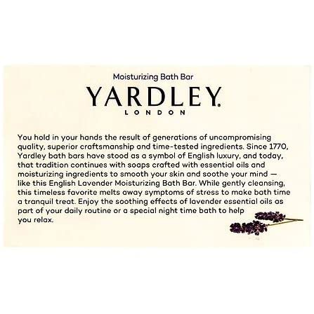 Forme barre savon Yardley lavande-anglaise, nettoyage délicat et hydratation légère.