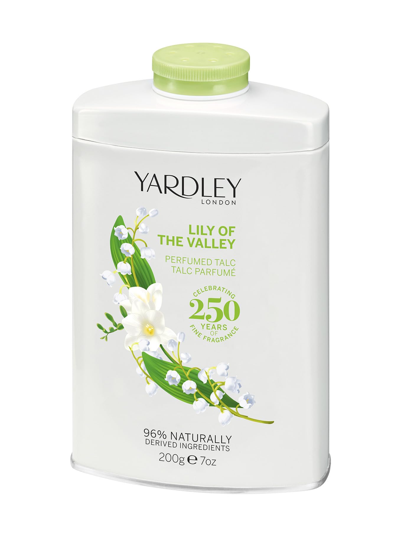 Poudre de talc parfumée Yardley London, emballage élégant et parfum léger au muguet