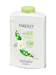 Poudre de talc parfumée Yardley London, emballage élégant et parfum léger au muguet