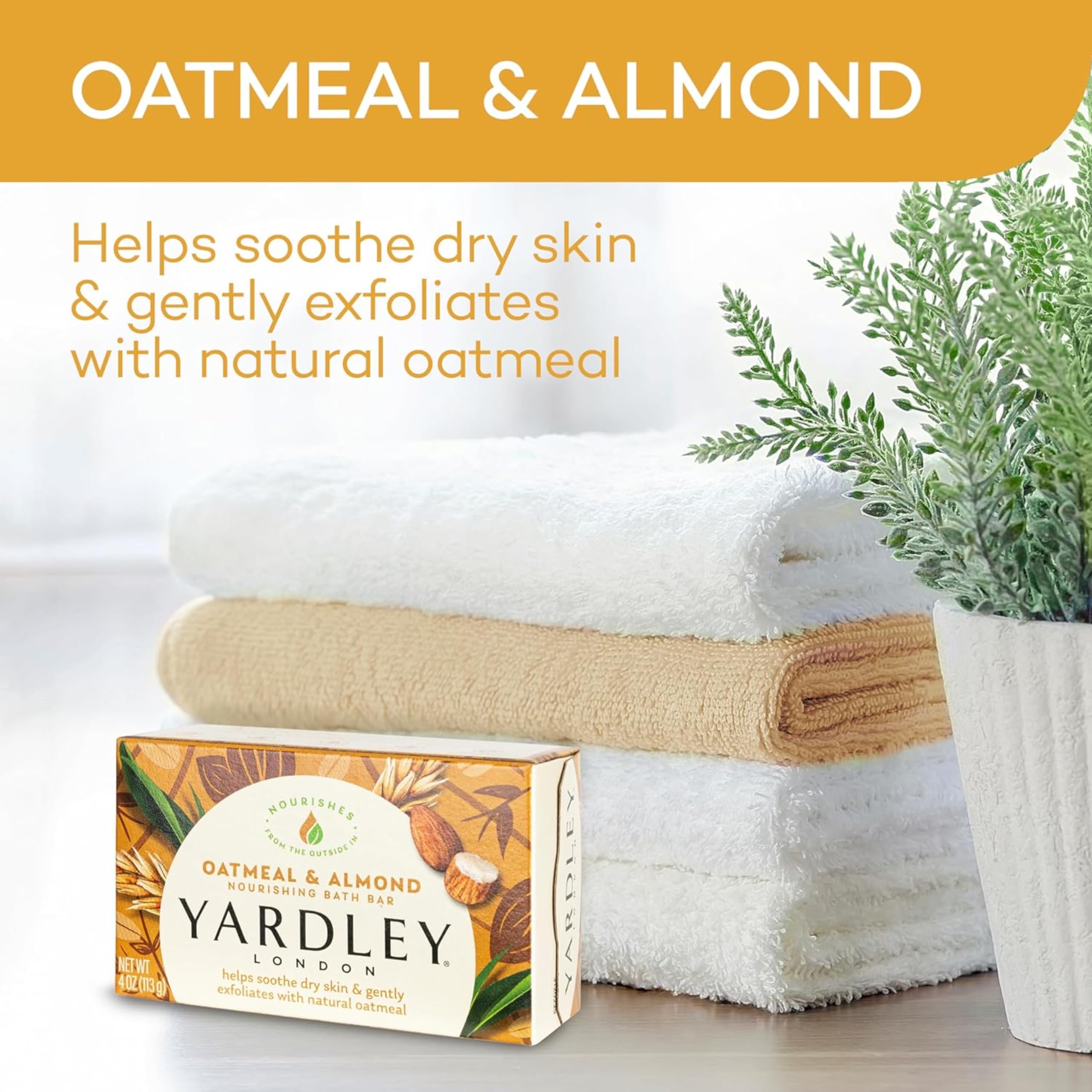 Barre Yardley London mousse riche au parfum d’amande et avoine.
